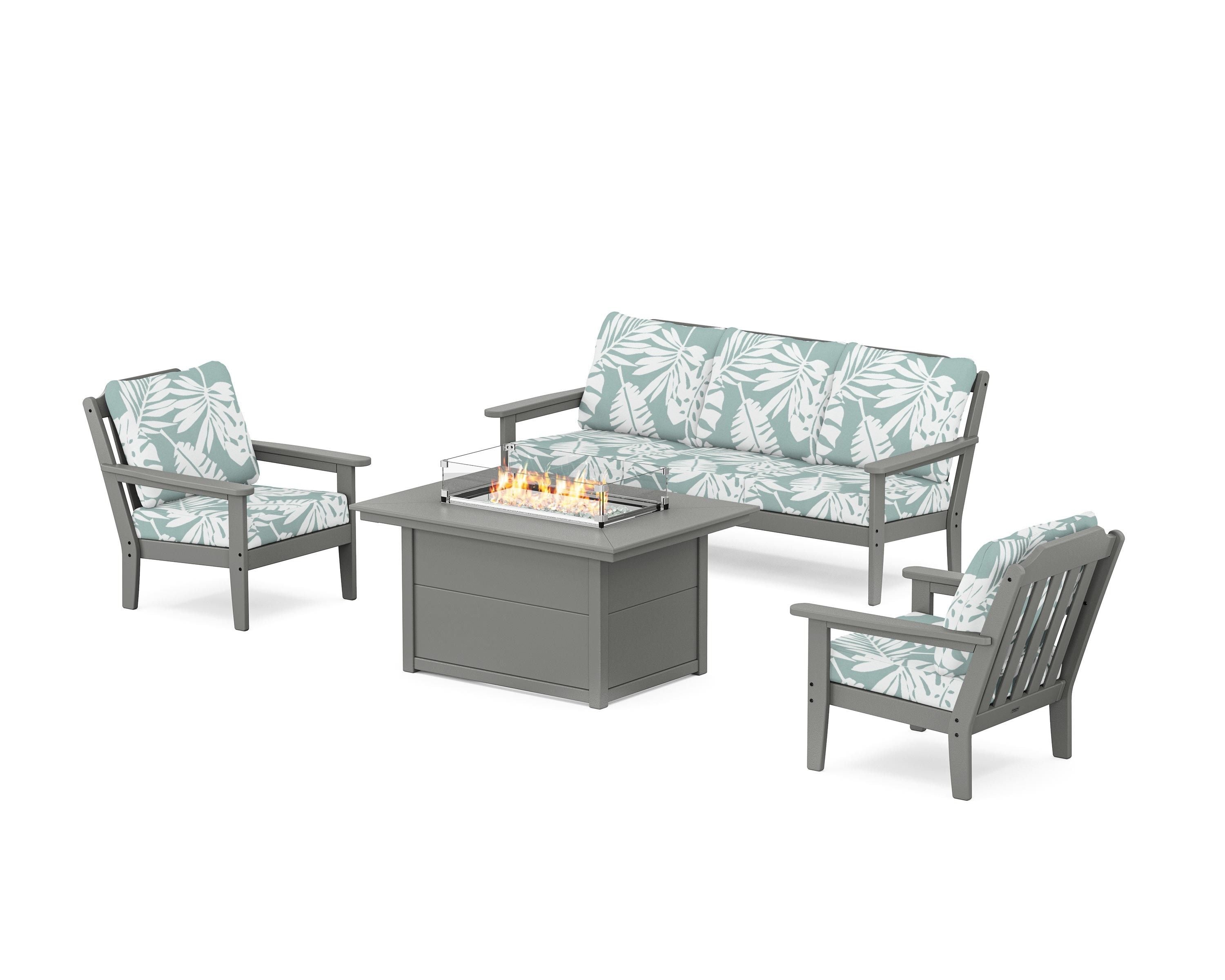 Country Living Cottage Deep Seating Fire Pit Table Set in Slate Grey / Leaf Glacier Spa