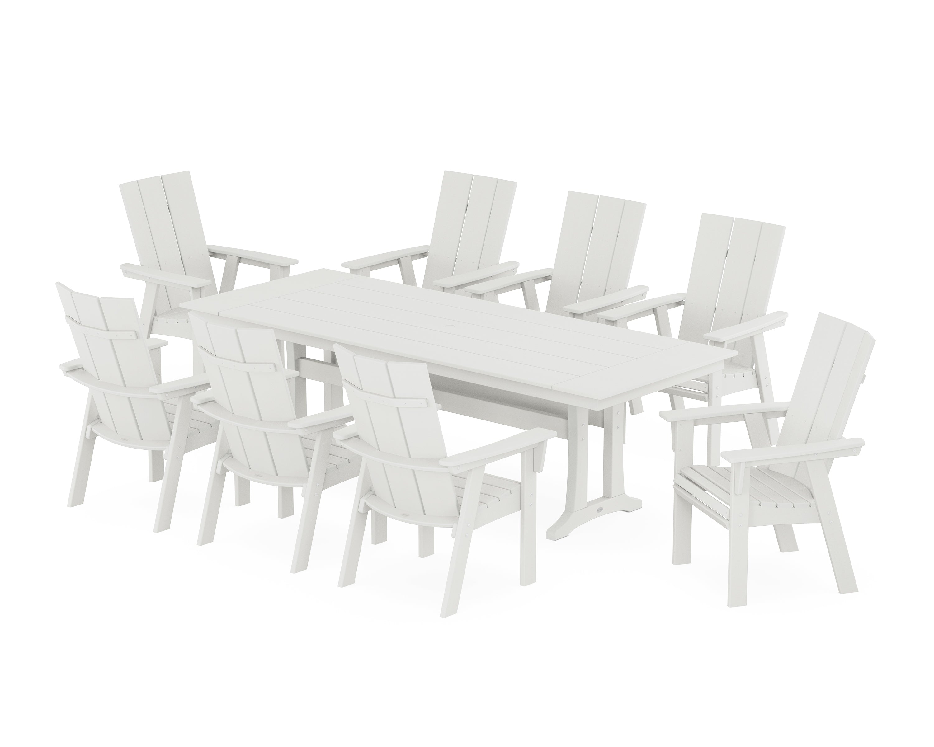POLYWOOD® Modern Curveback Adirondack 9-Piece Farmhouse Dining Set with Trestle Legs in Vintage White