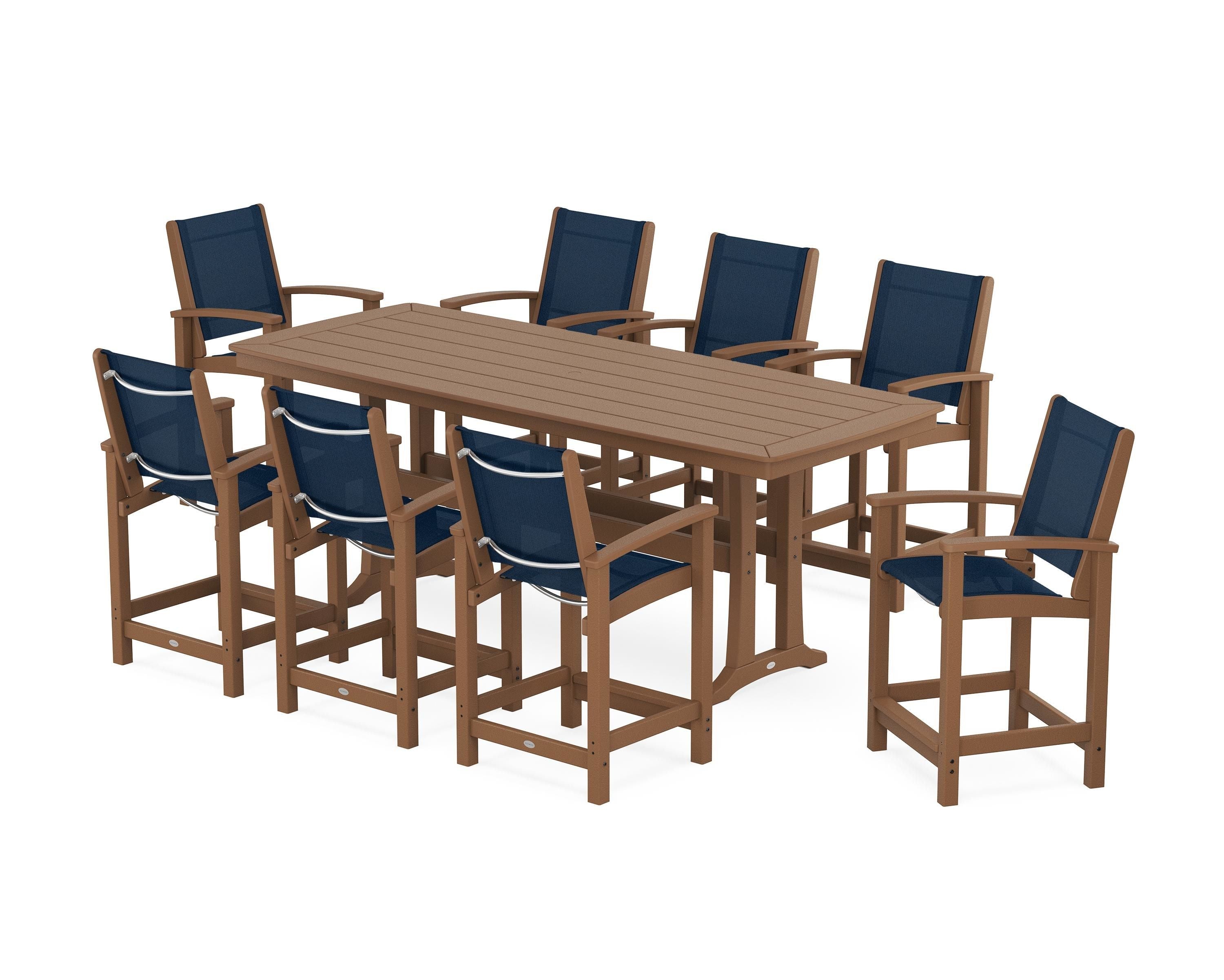 POLYWOOD Coastal 9-Piece Counter Set with Trestle Legs in Teak / Navy Blue Sling