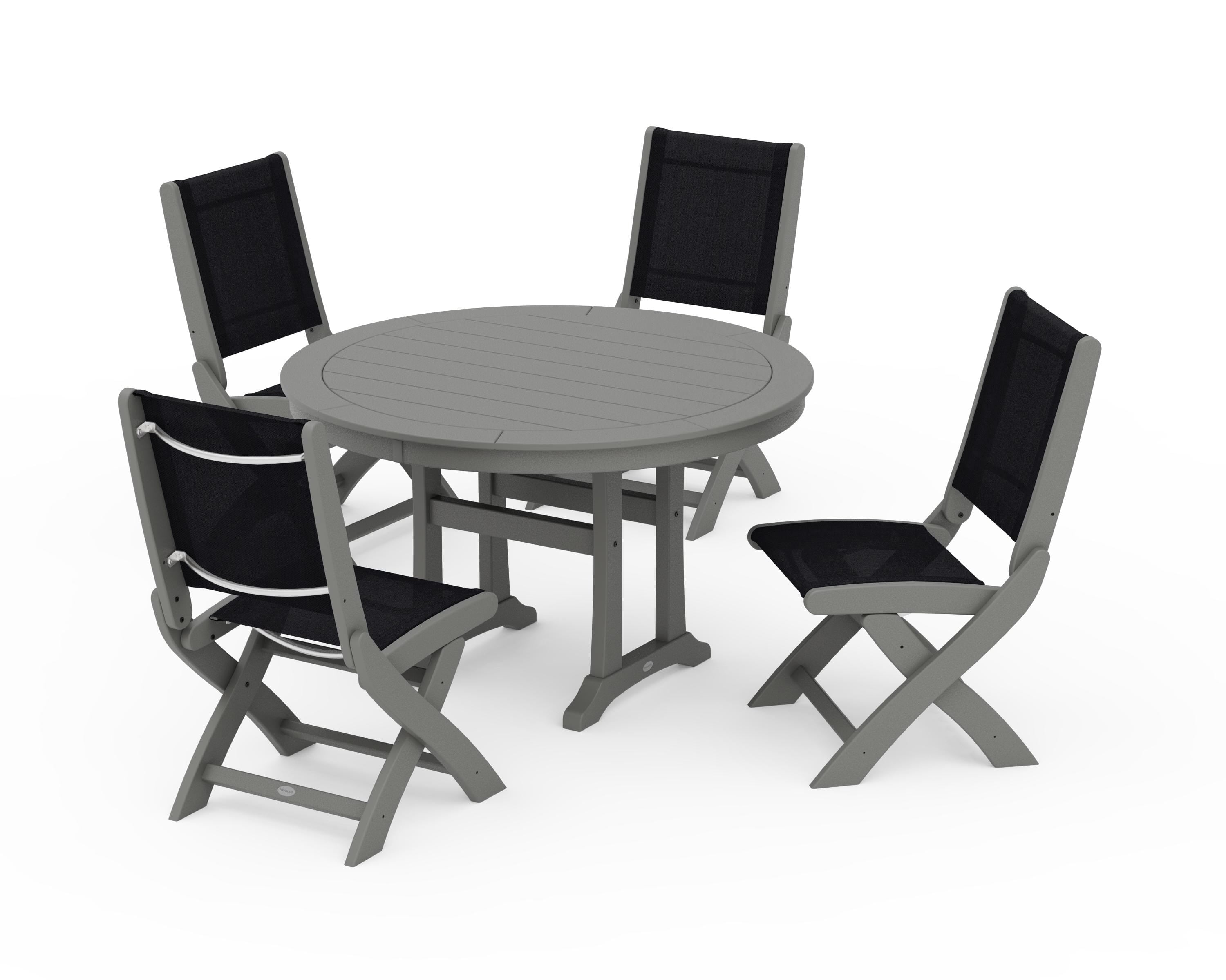 POLYWOOD Coastal Folding Side Chair 5-Piece Round Dining Set With Trestle Legs in Slate Grey / Black Sling