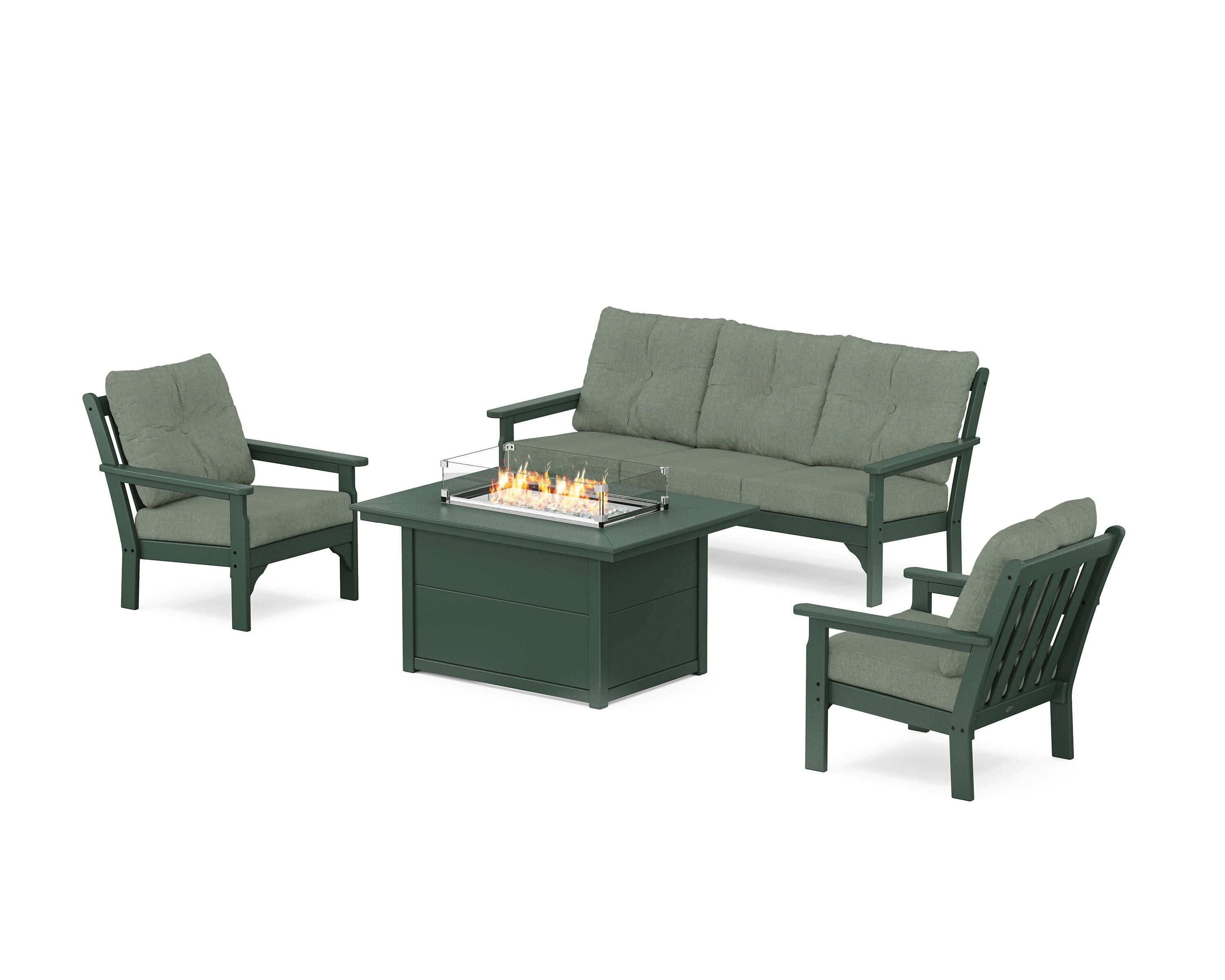 POLYWOOD Vineyard Deep Seating Fire Pit Table Set in Green / Cast Sage