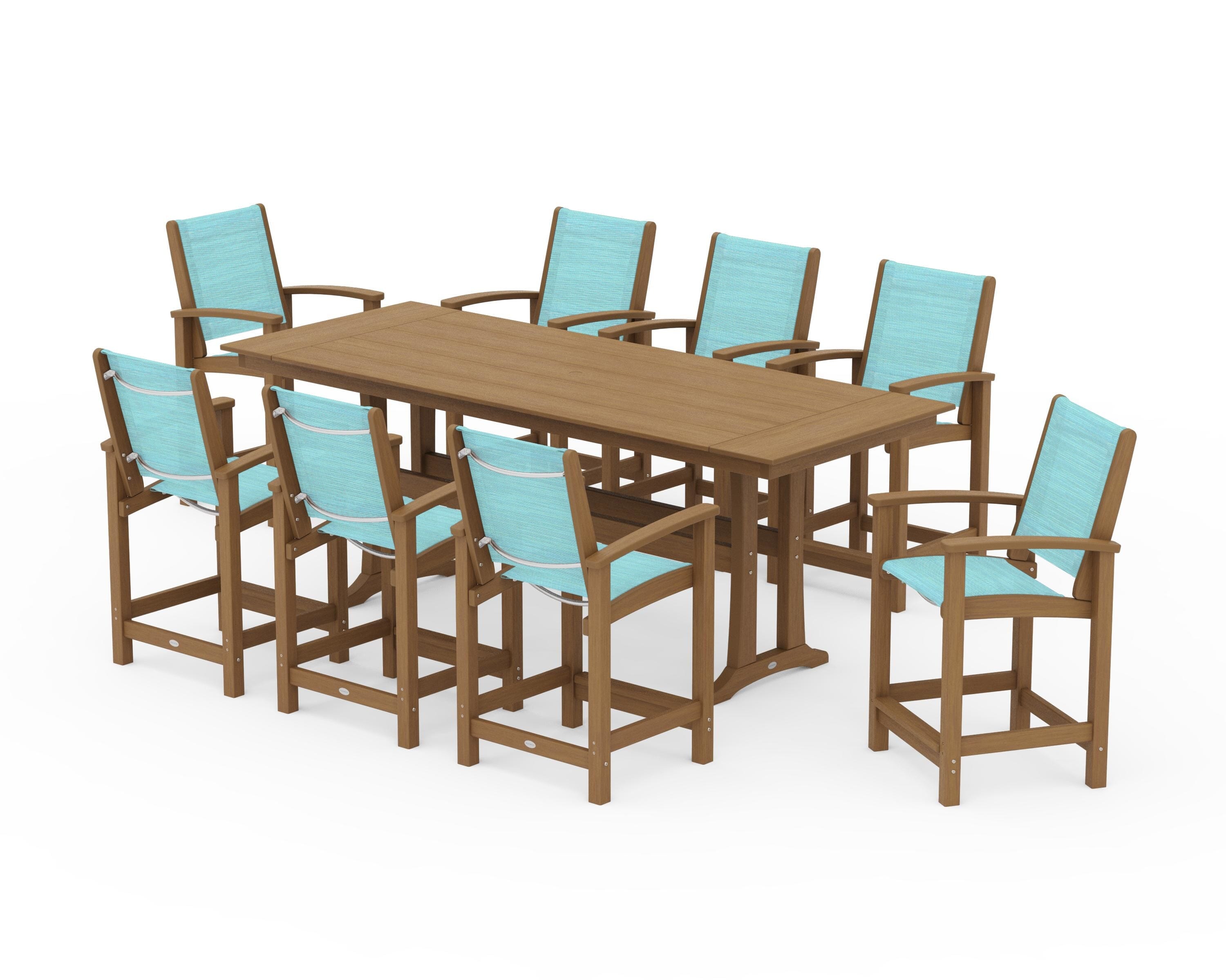 POLYWOOD Coastal 9-Piece Farmhouse Counter Set with Trestle Legs in Natural / Dupioni Aquamarine Sling