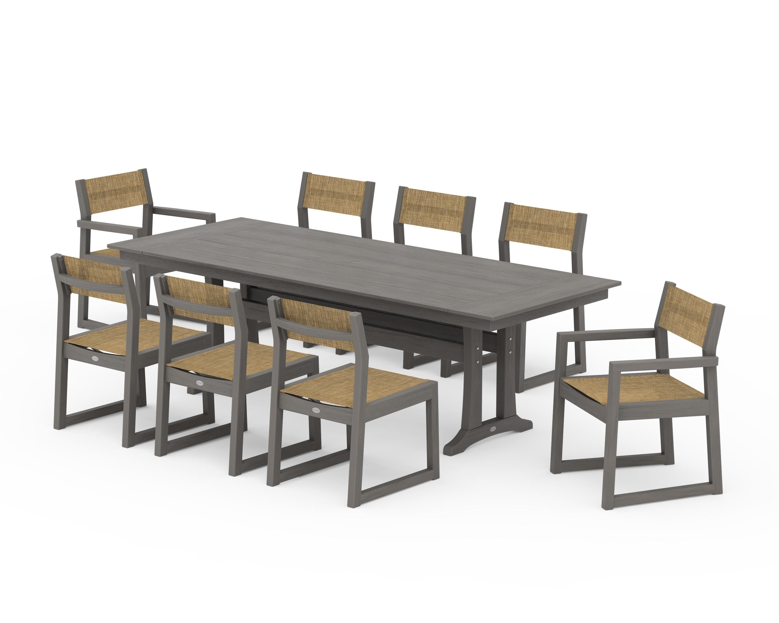 POLYWOOD EDGE Sling 9-Piece Farmhouse Trestle Dining Set in Driftwood / Burlap Sling