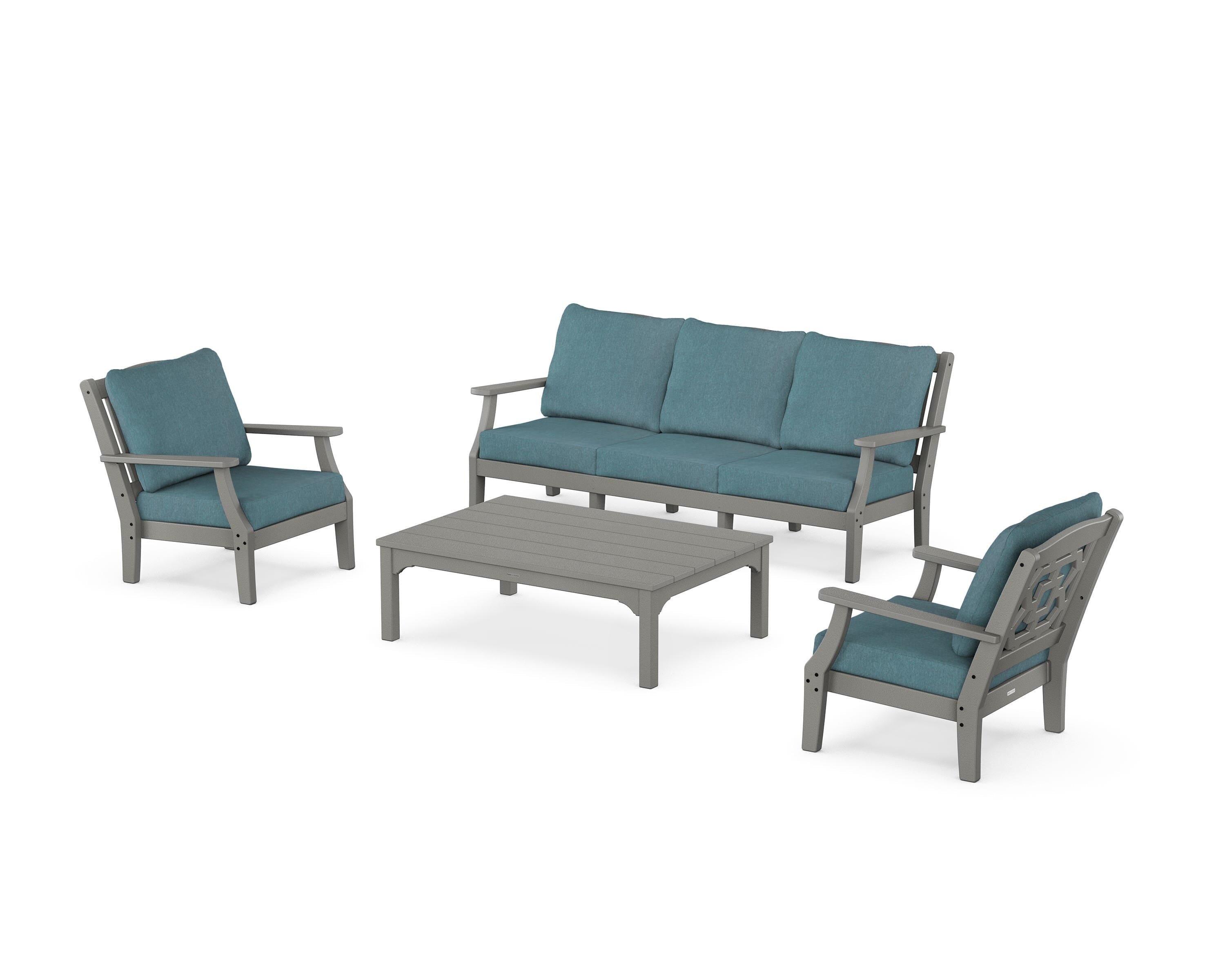 Martha Stewart by POLYWOOD Chinoiserie 4-Piece Deep Seating Set with Sofa in Slate Grey / Ocean Teal