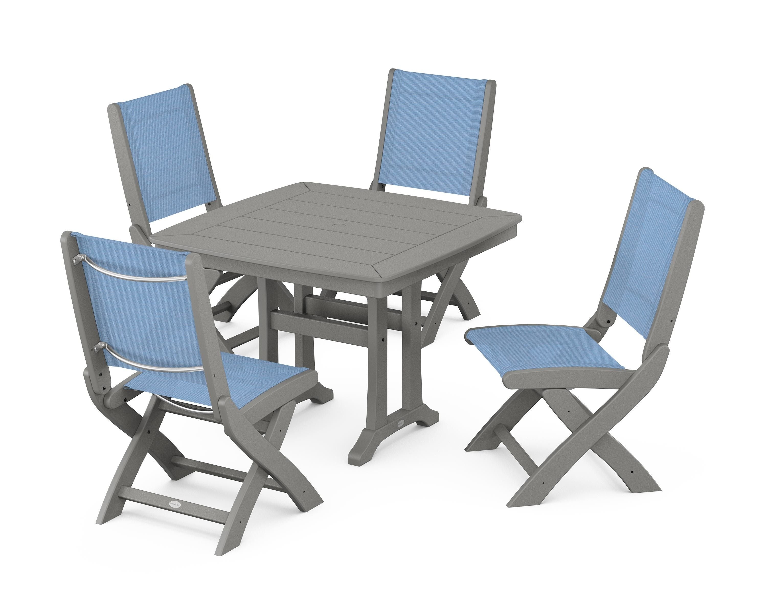 POLYWOOD Coastal Folding Side Chair 5-Piece Dining Set with Trestle Legs in Slate Grey / Poolside Sling