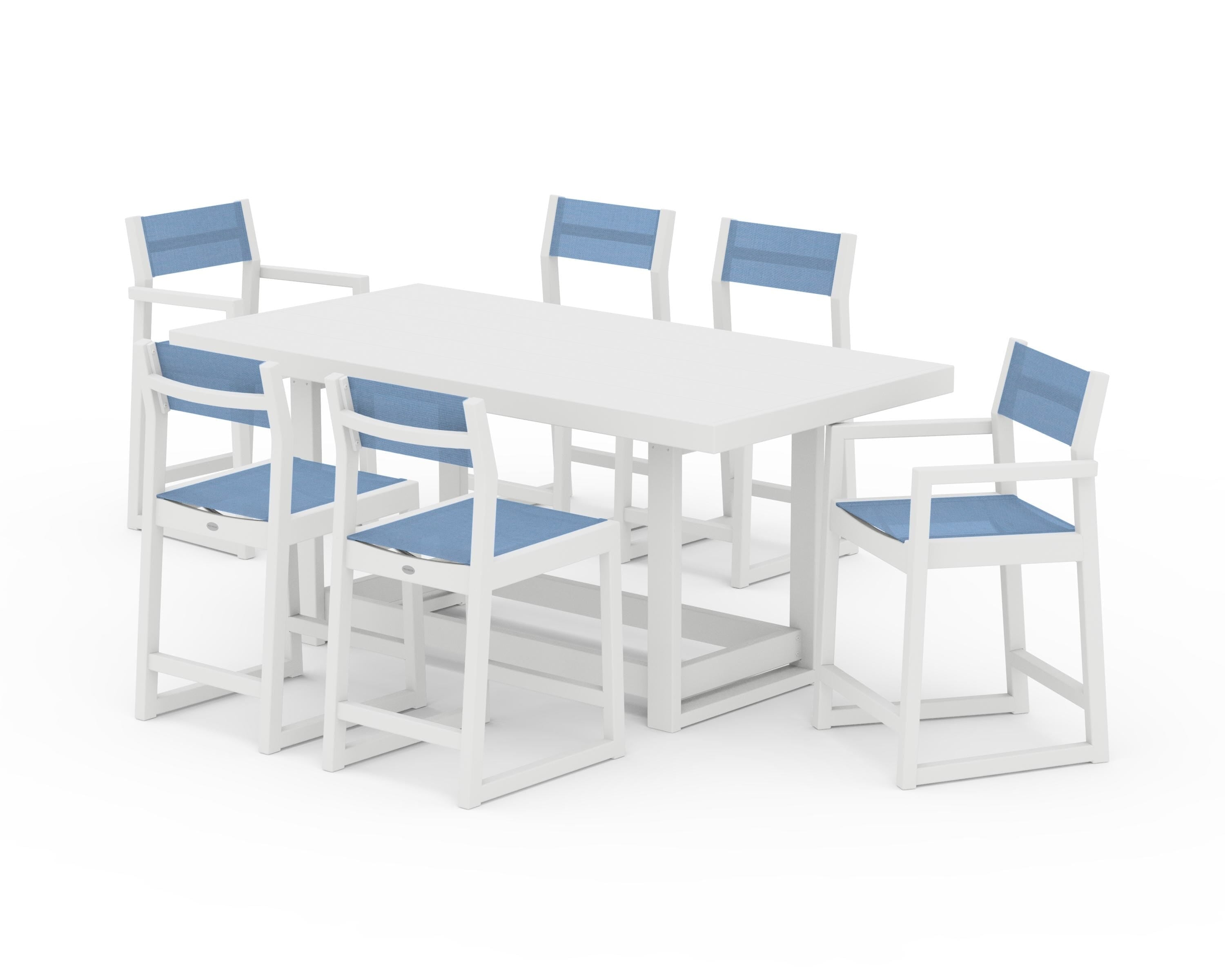 POLYWOOD EDGE Sling 7-Piece Counter Table Set in White / Poolside Sling