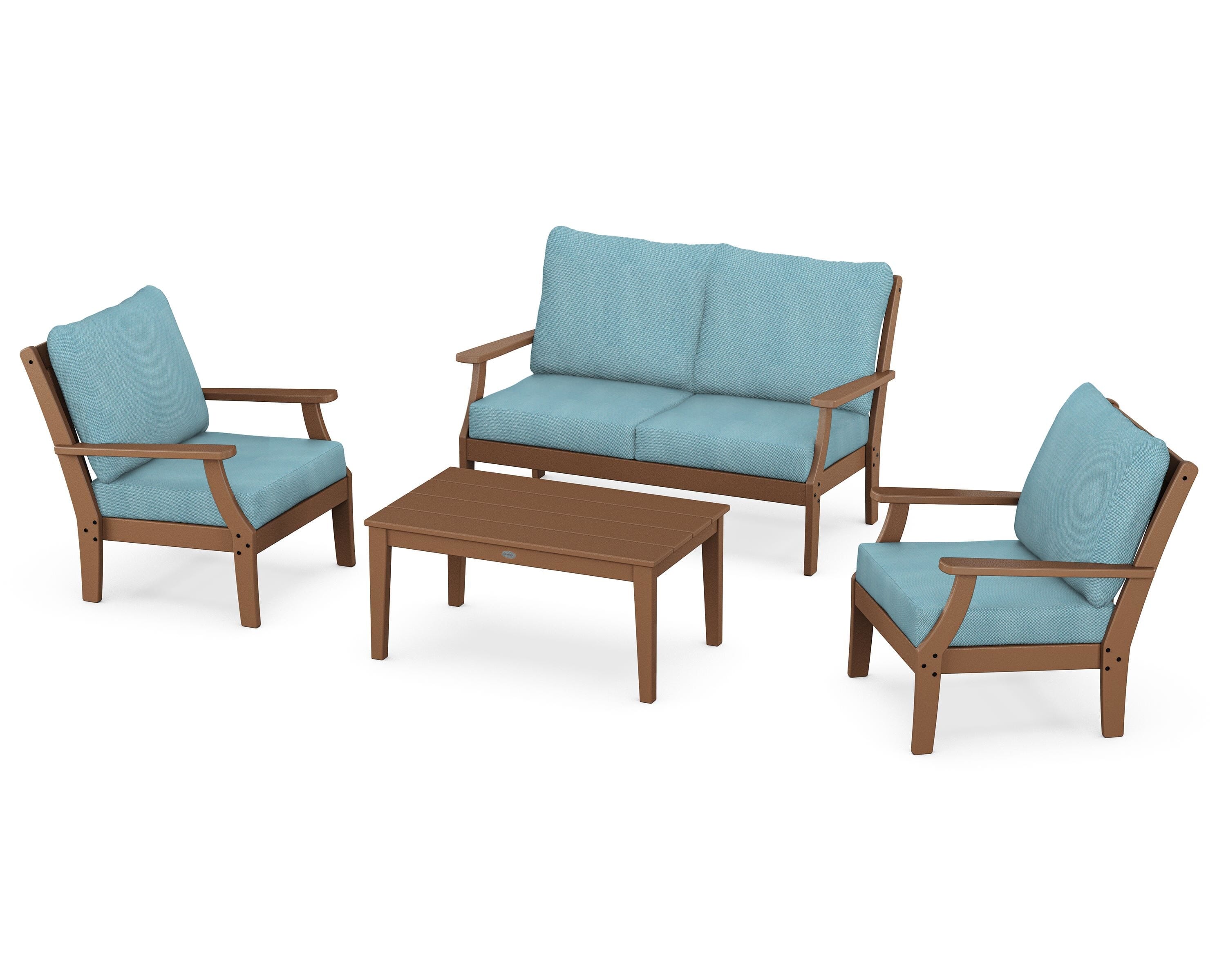 POLYWOOD Braxton 4-Piece Deep Seating Chair Set in Teak / Lattice Sky Blue