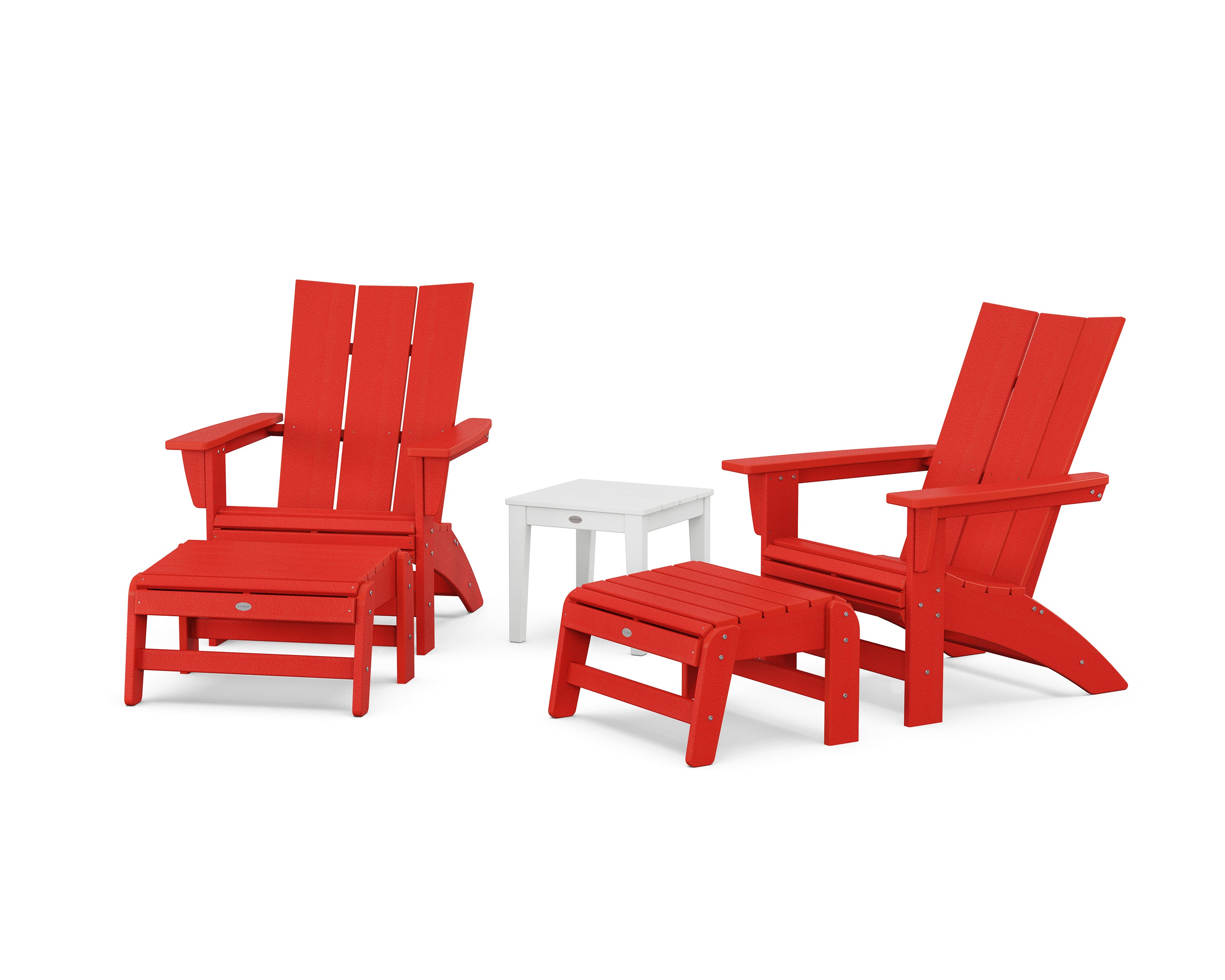 POLYWOOD 5-Piece Modern Grand Adirondack Set with Ottomans and Side Table in Sunset Red / White