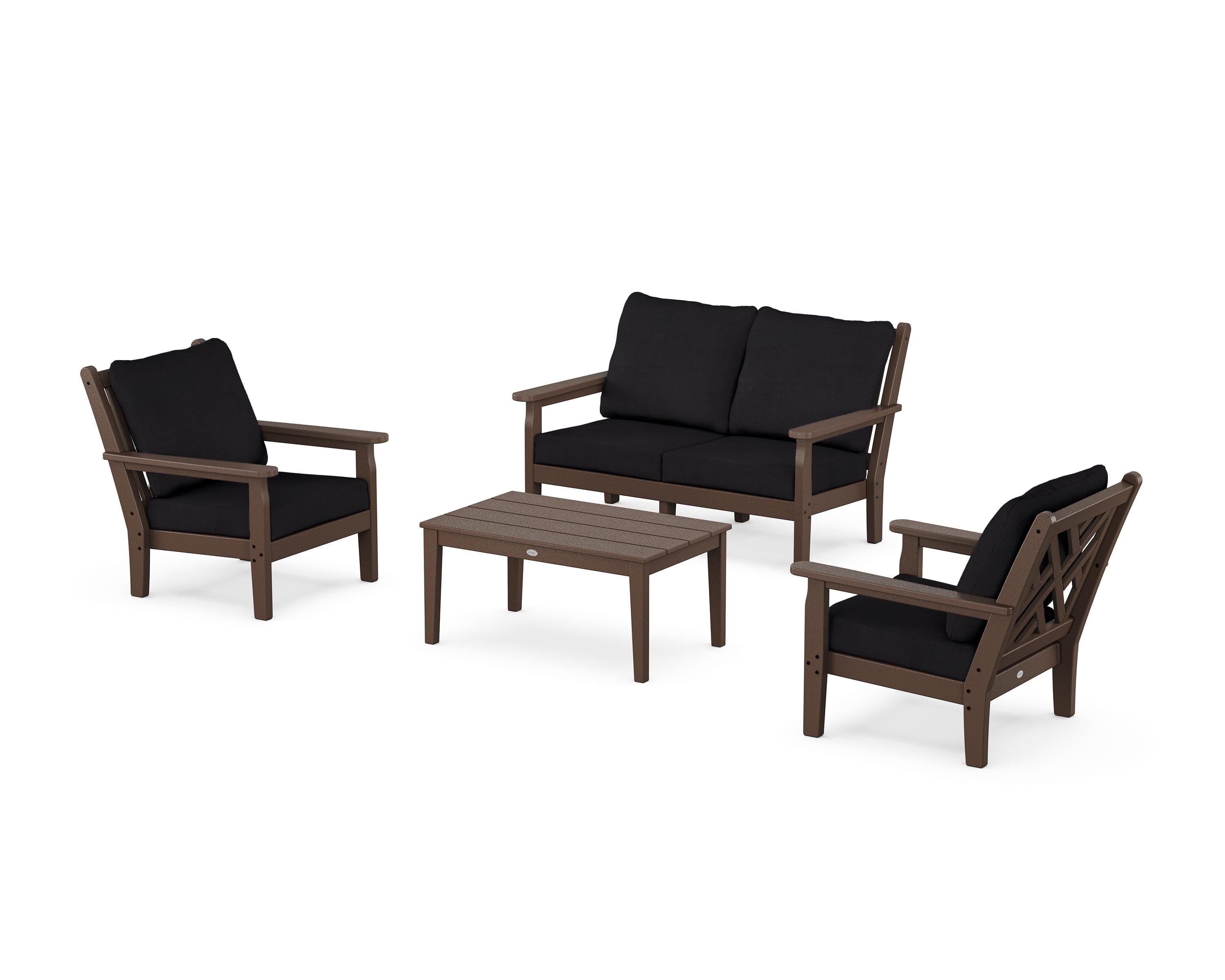 POLYWOOD Chippendale 4-Piece Deep Seating Set with Loveseat in Mahogany / Midnight Linen