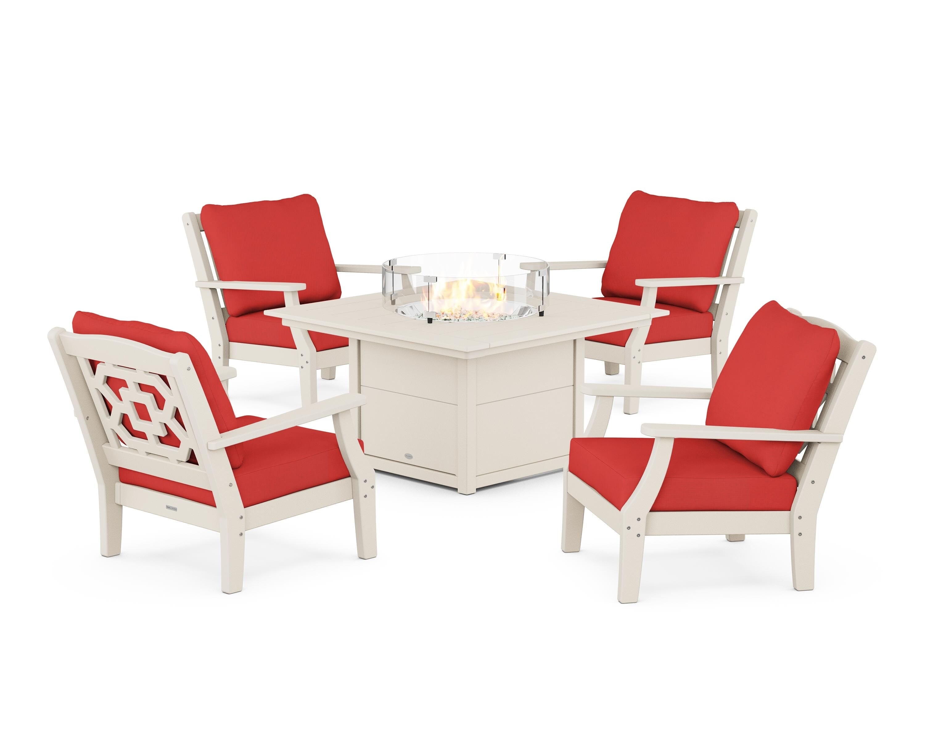 Martha Stewart by POLYWOOD Chinoiserie 5-Piece Deep Seating Set with Fire Pit Table in Sand / Crimson Linen