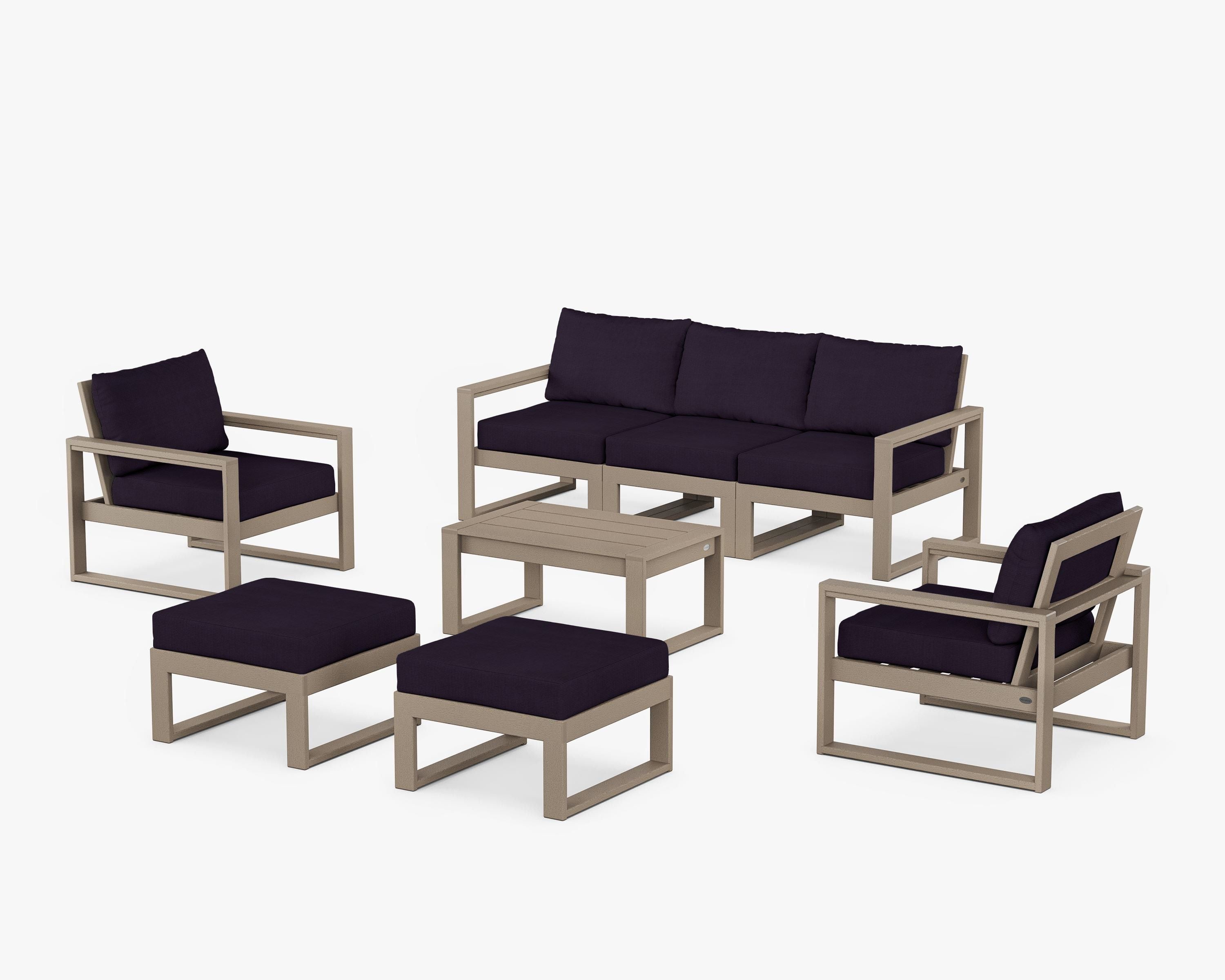 POLYWOOD EDGE Sectional 8-Piece Lounge Sofa Set in Vintage Sahara / Navy Linen