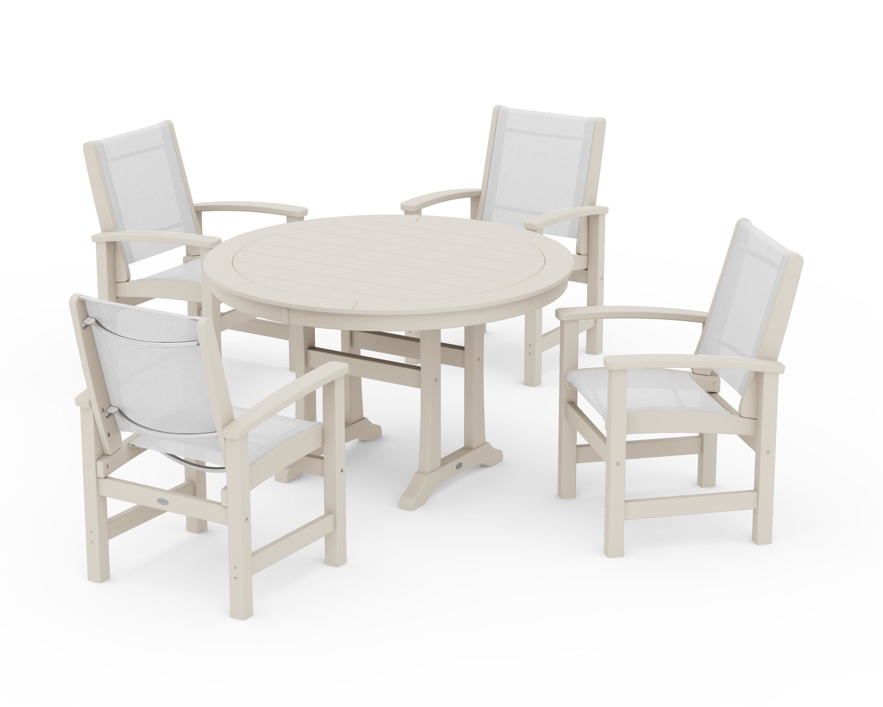 POLYWOOD Coastal 5-Piece Round Dining Set with Trestle Legs in Sand / White Sling