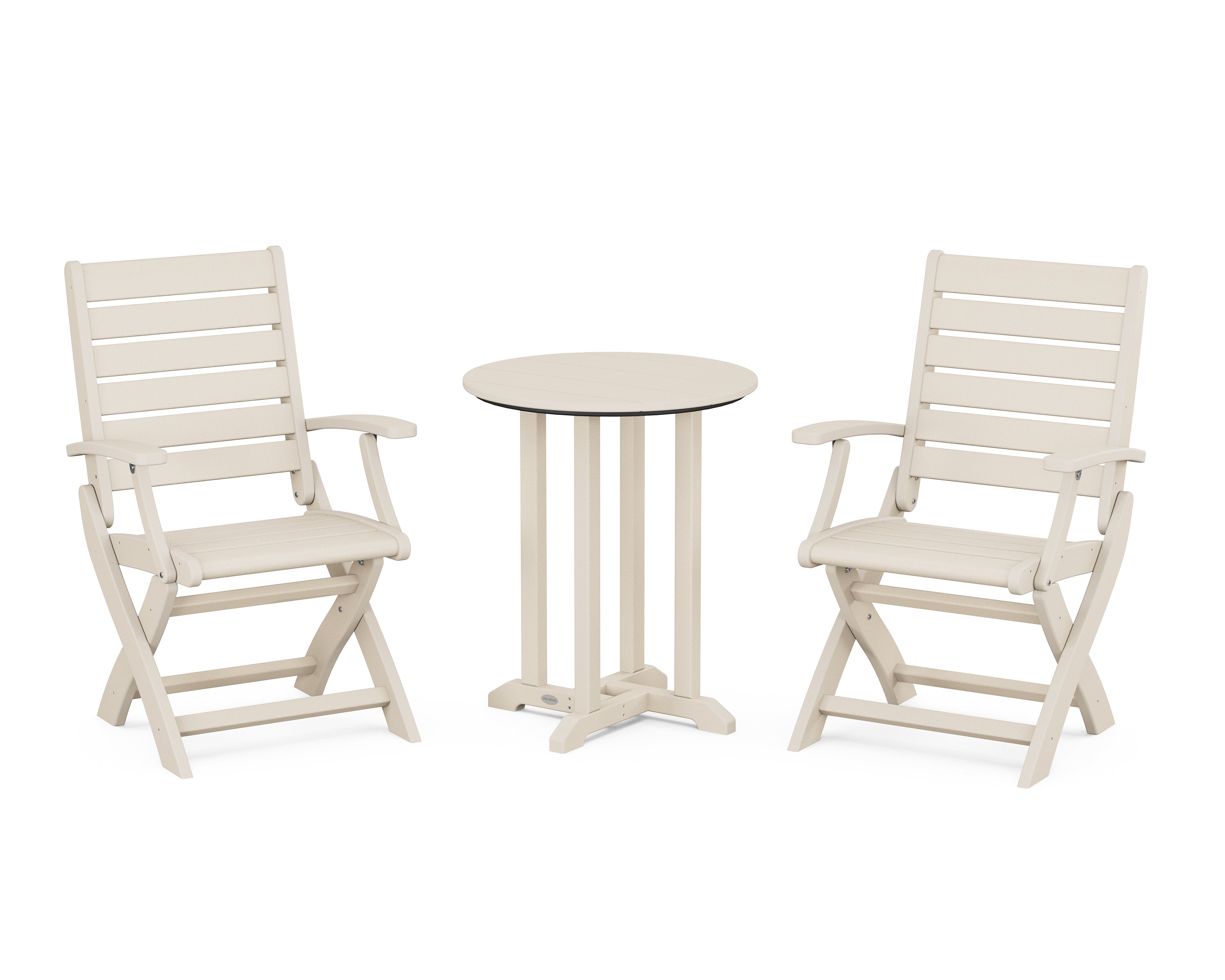 POLYWOOD Signature Folding Chair 3-Piece Round Farmhouse Bistro Dining Set in Sand