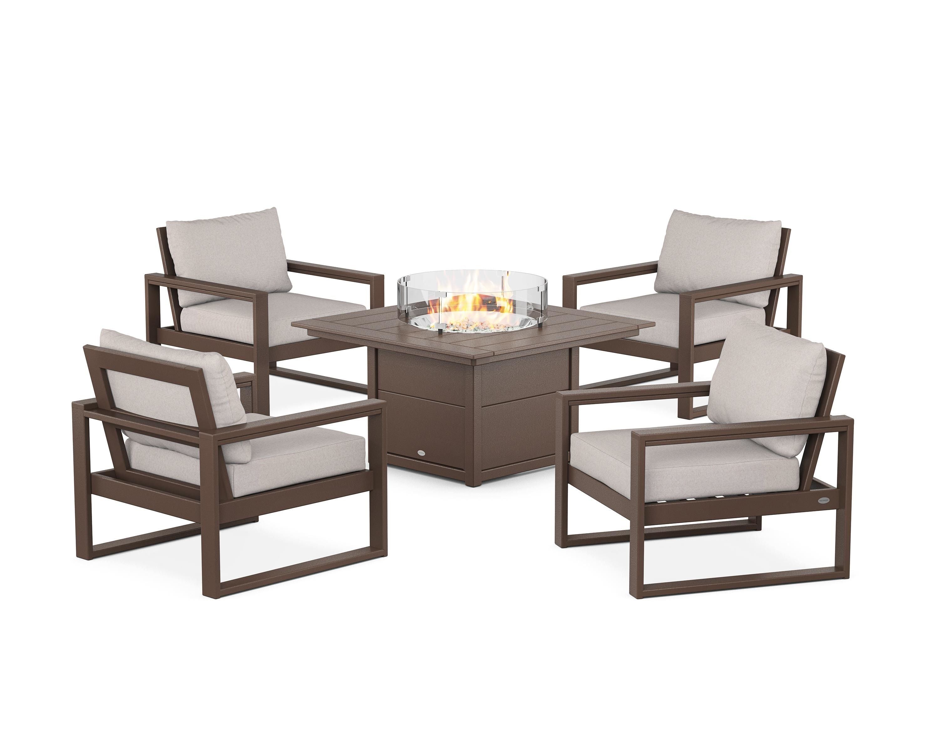 POLYWOOD EDGE Sectional 5-Piece Deep Seating Set with Fire Pit Table in Mahogany / Dune Burlap