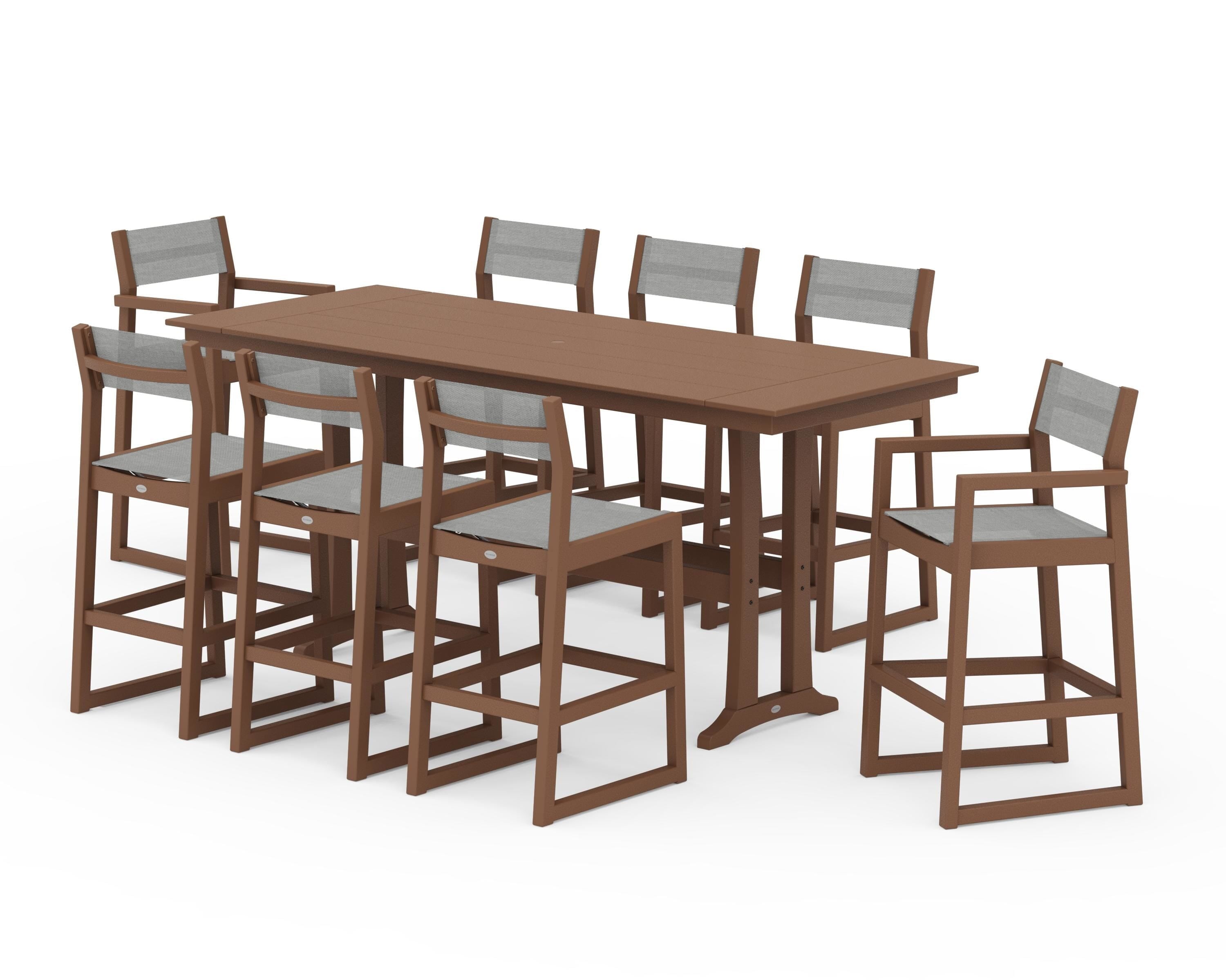 POLYWOOD EDGE Sling 9-Piece Farmhouse Bar Set with Trestle Legs in Teak / Metallic Sling