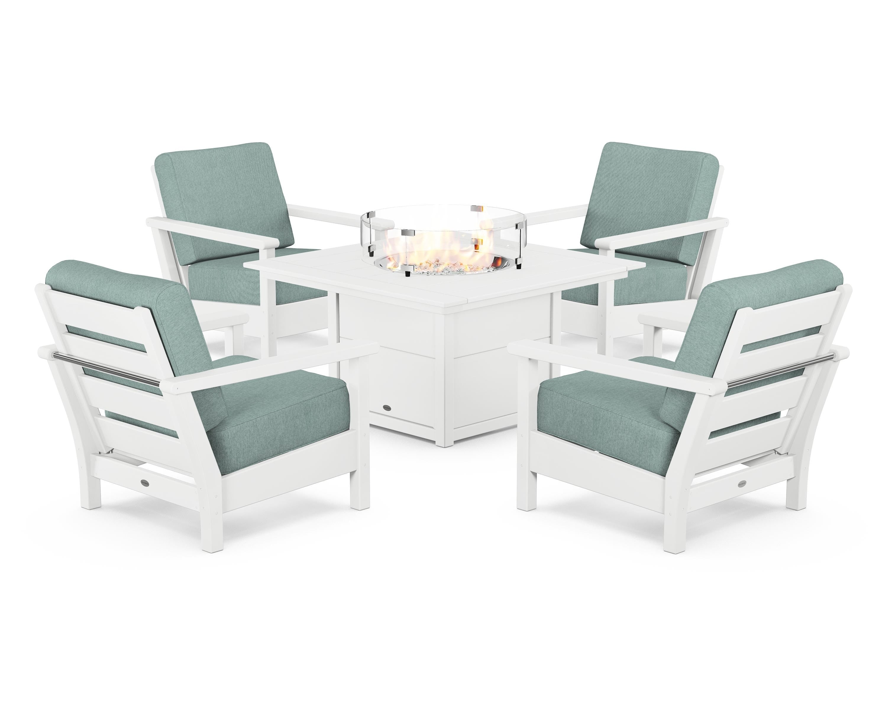 POLYWOOD Harbour 5-Piece Conversation Set with Fire Pit Table in White / Glacier Spa