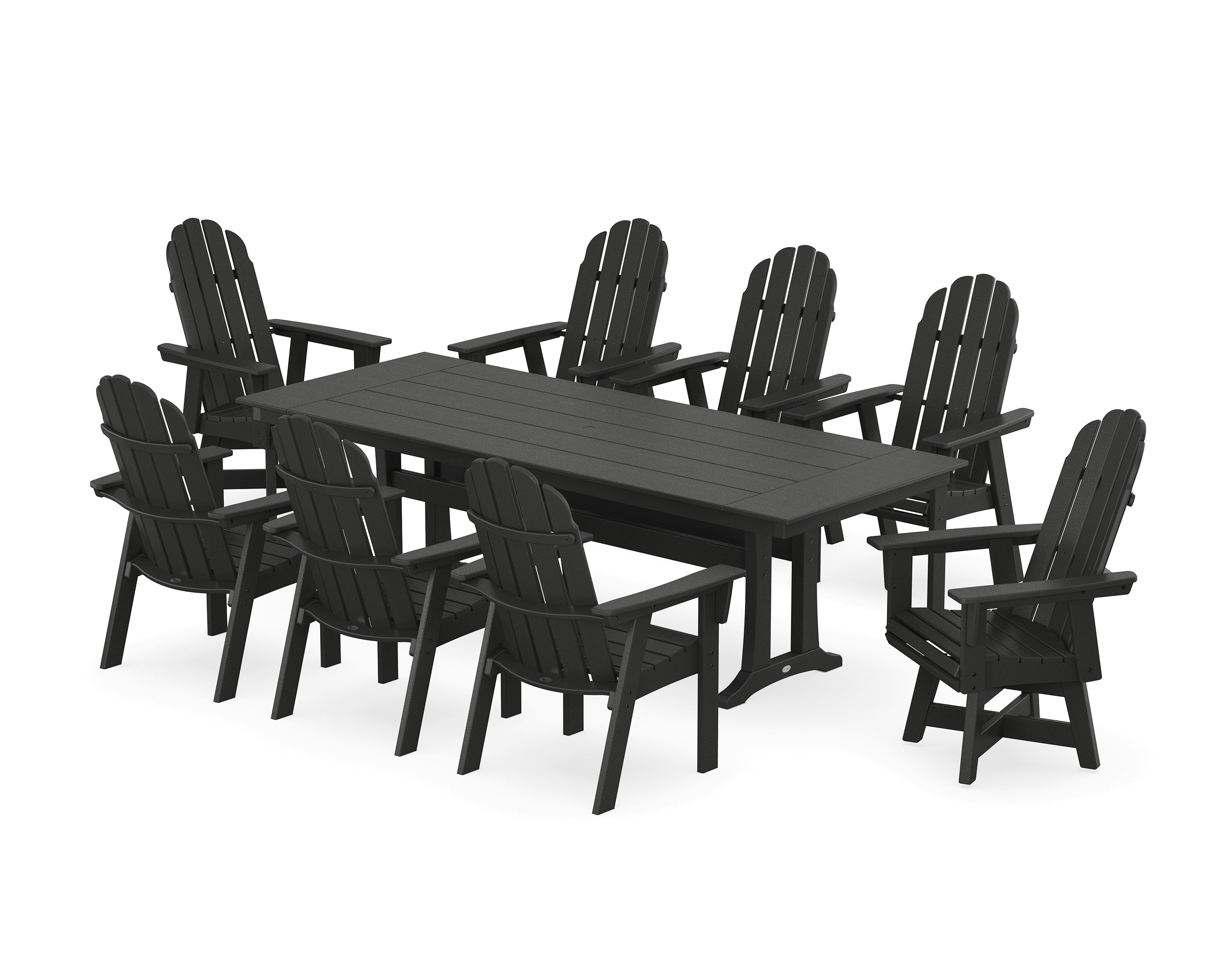 POLYWOOD® Vineyard 9-Piece Curveback Adirondack Swivel Farmhouse Dining Set with Trestle Legs in Black