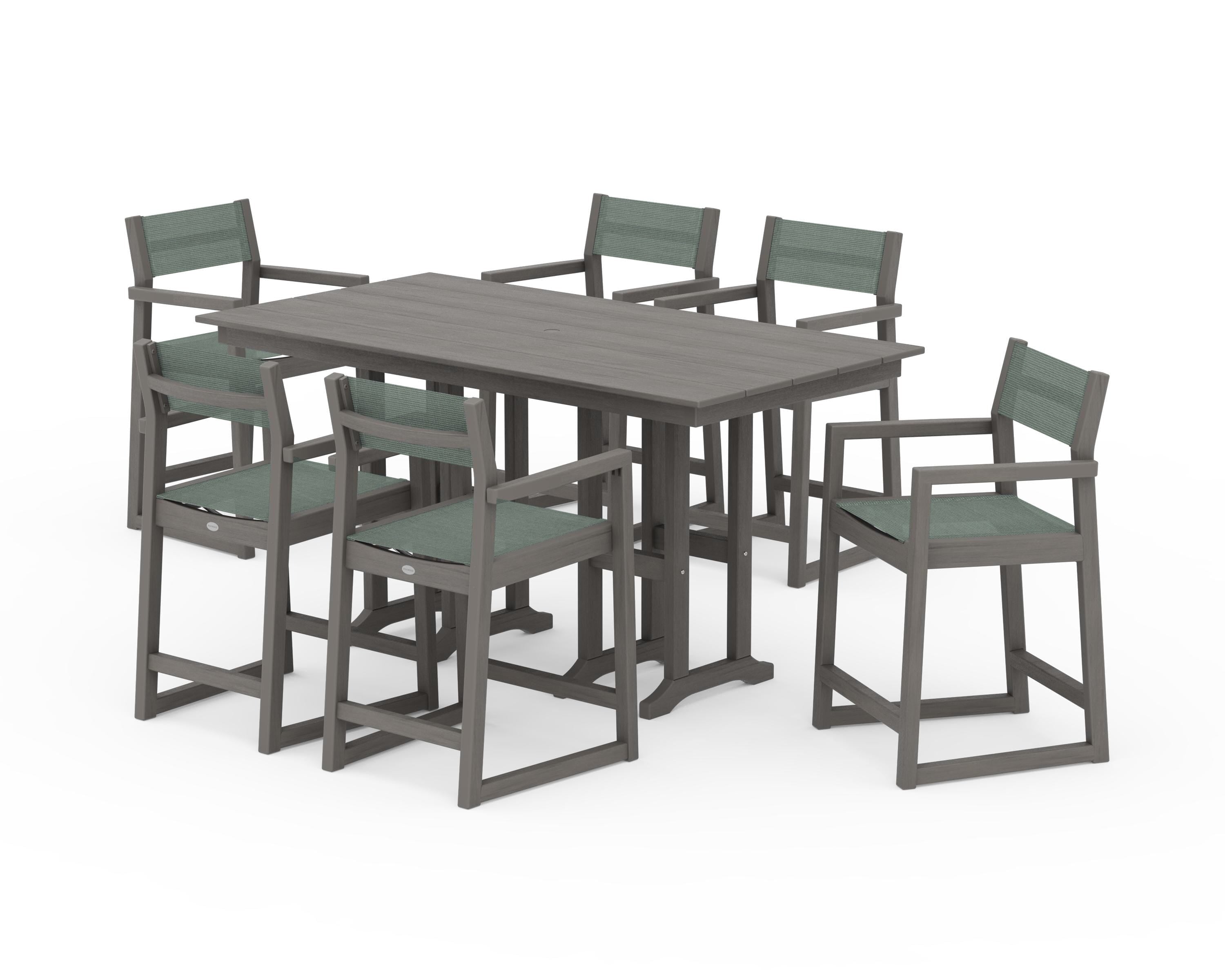 POLYWOOD EDGE Sling Arm Chair 7-Piece Farmhouse Counter Set in Driftwood / Dupioni Sea Mist Sling