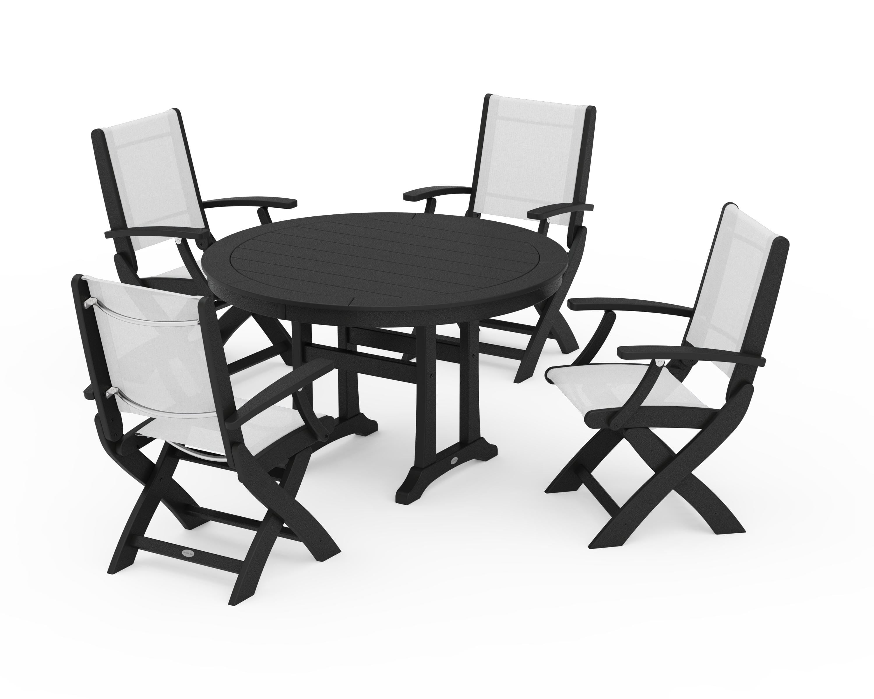 POLYWOOD Coastal Folding Chair 5-Piece Round Dining Set with Trestle Legs in Black / White Sling