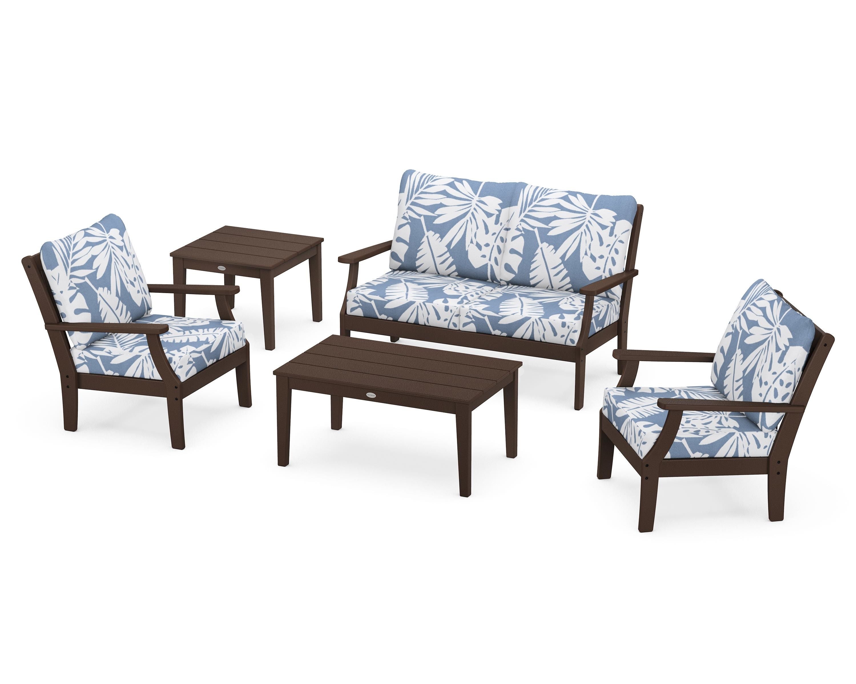 POLYWOOD Braxton 5-Piece Deep Seating Set in Mahogany / Leaf Sky Blue