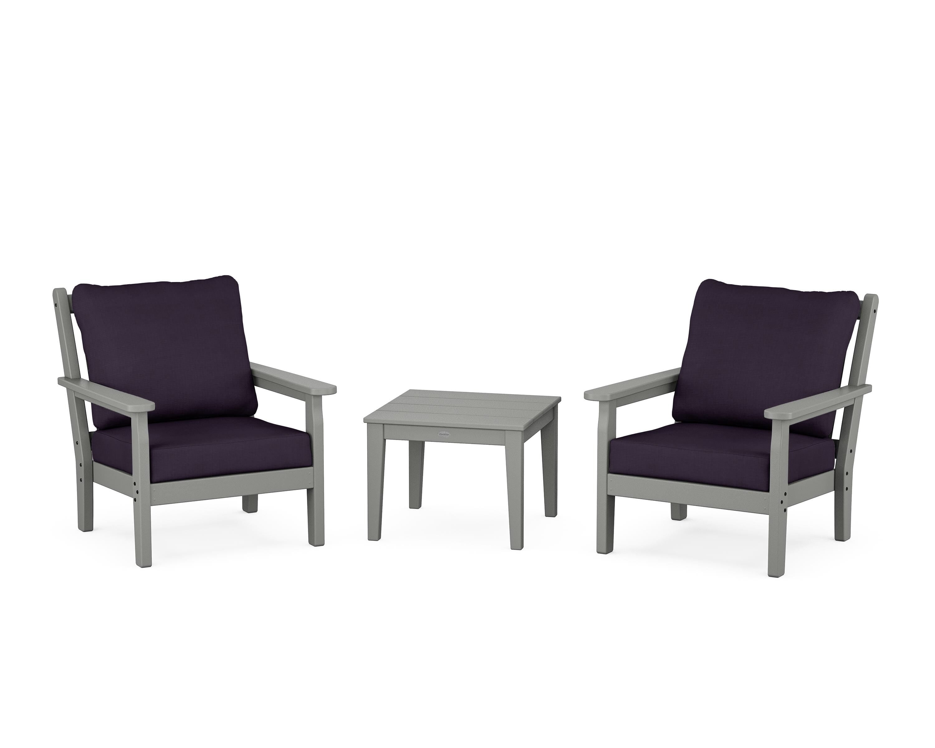 POLYWOOD Chippendale 3-Piece Deep Seating Set in Slate Grey / Navy Linen