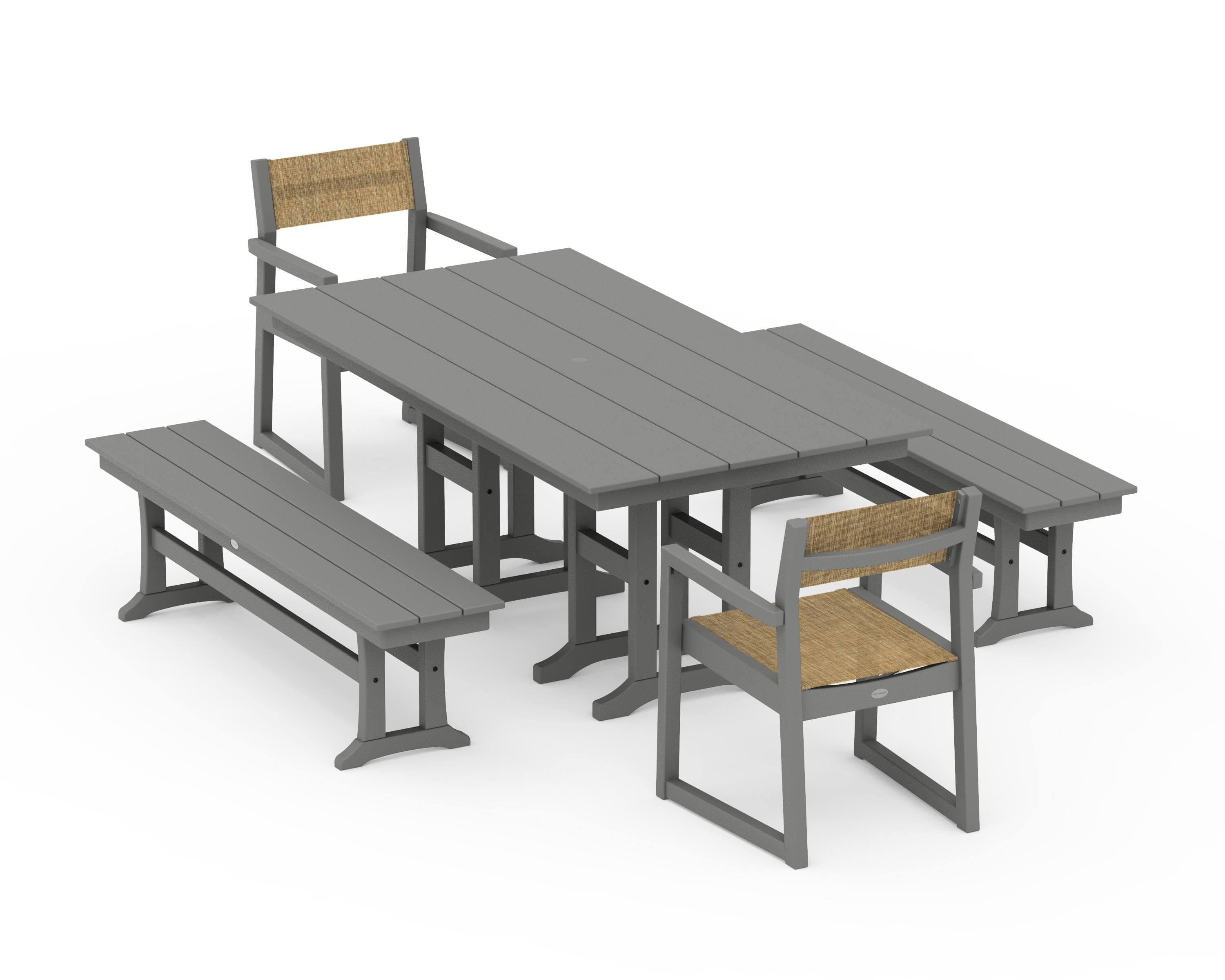 POLYWOOD EDGE Sling Arm Chair 5-Piece Farmhouse Dining Set with Benches in Slate Grey / Burlap Sling