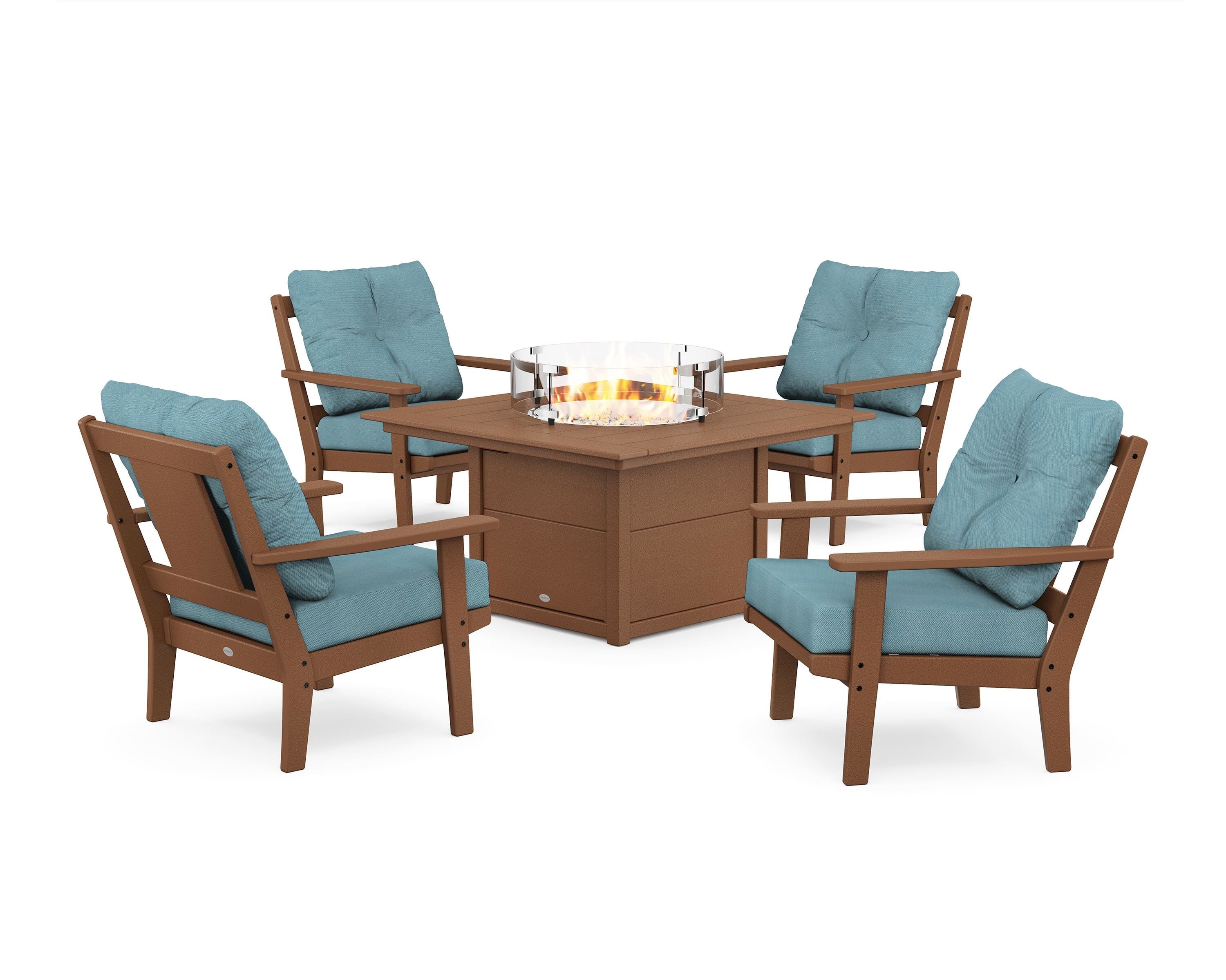 POLYWOOD Prairie 5-Piece Deep Seating Set with Fire Pit Table in Teak / Lattice Sky Blue