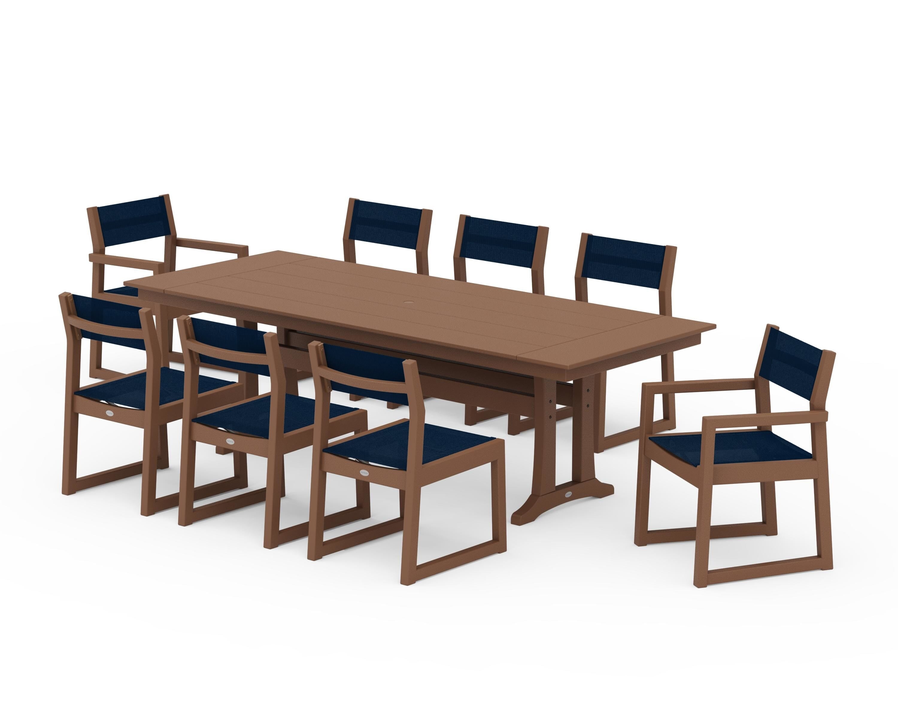 POLYWOOD EDGE Sling 9-Piece Farmhouse Trestle Dining Set in Teak / Navy Blue Sling