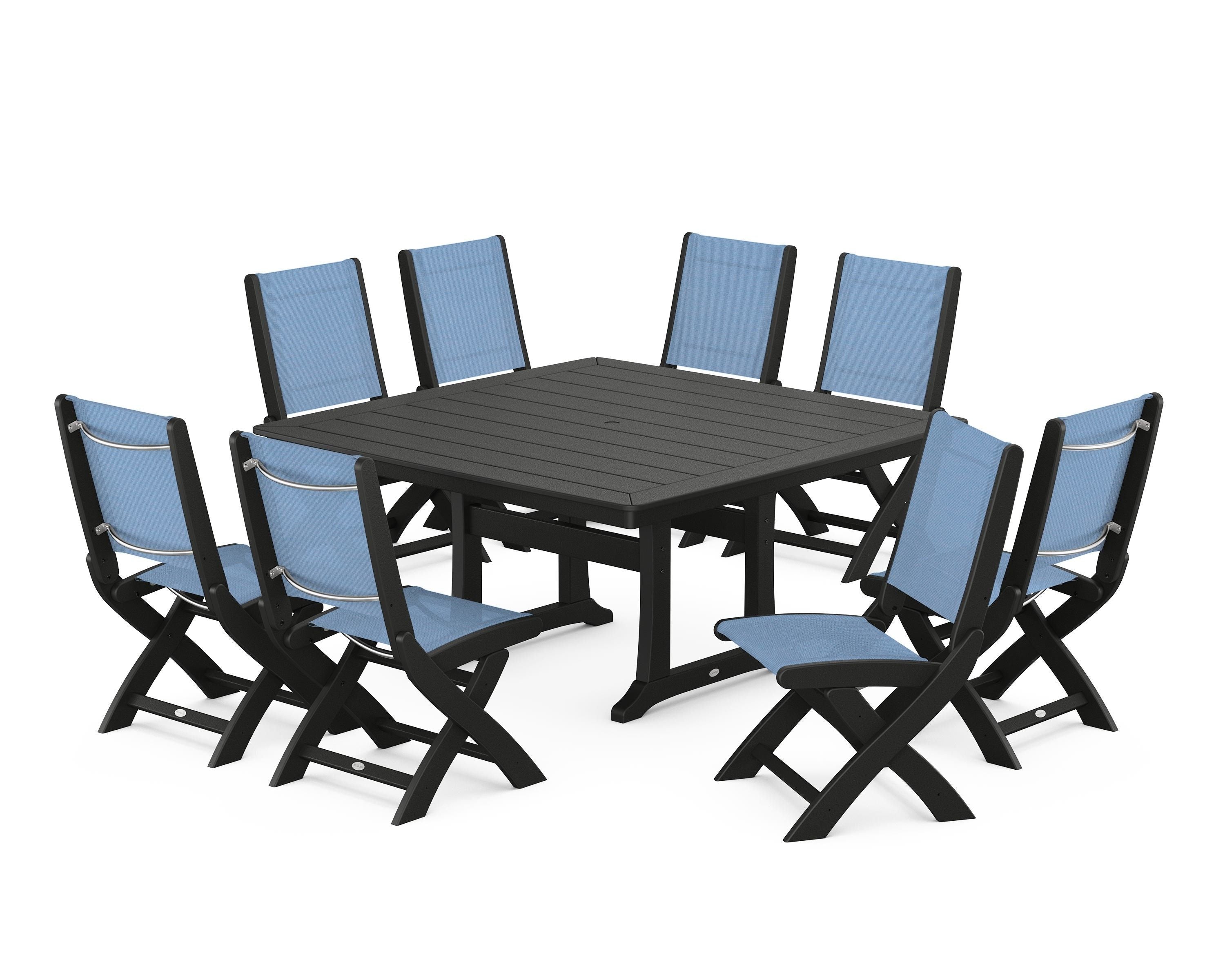POLYWOOD Coastal Folding Side Chair 9-Piece Dining Set with Trestle Legs in Black / Poolside Sling