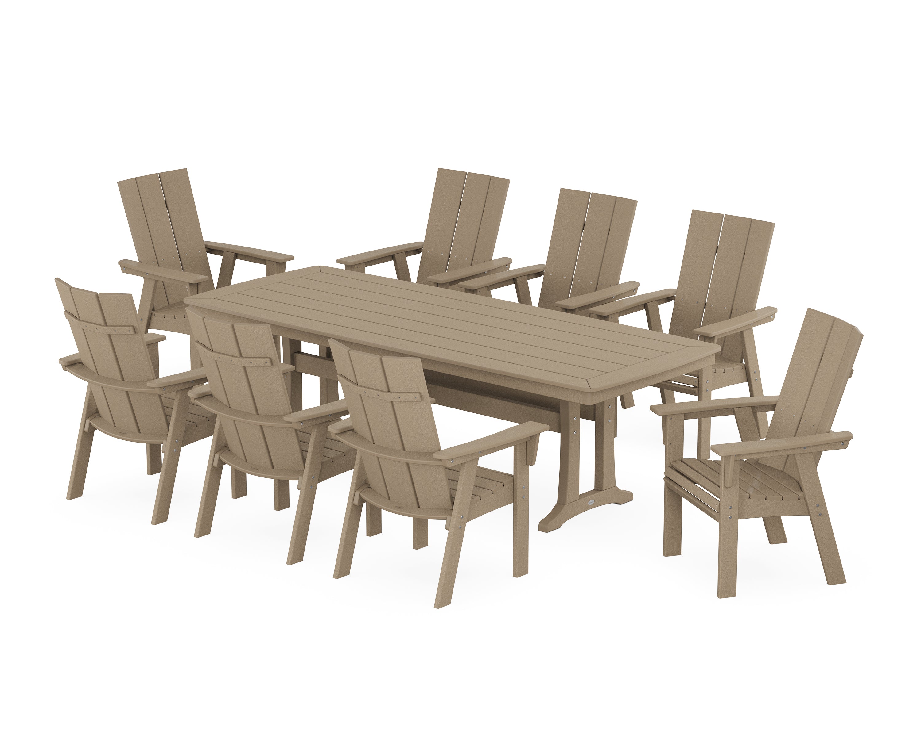 POLYWOOD® Modern Curveback Adirondack 9-Piece Dining Set with Trestle Legs in Vintage Sahara