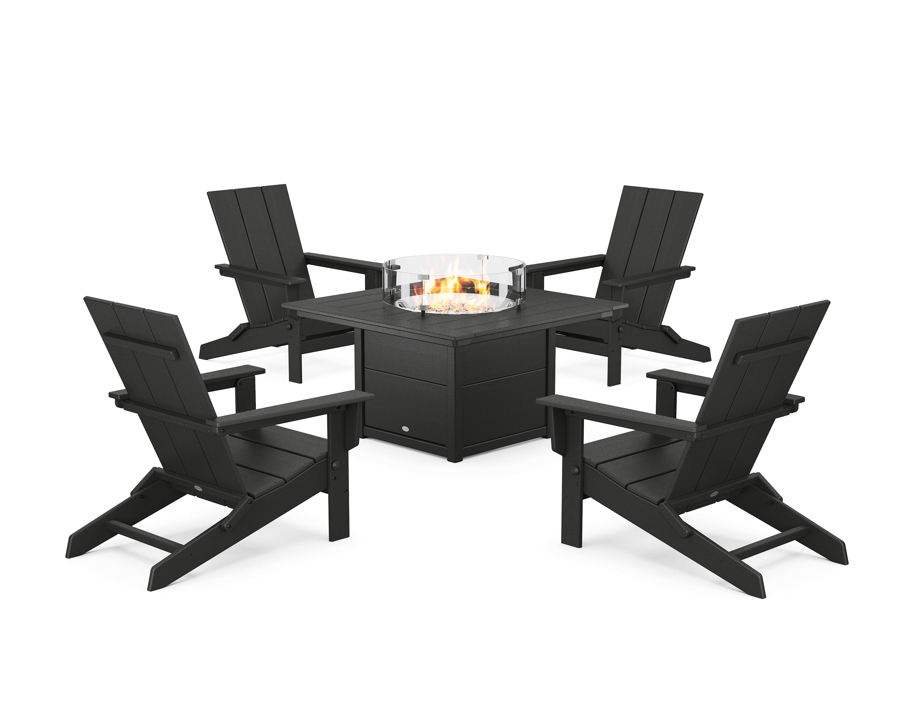 POLYWOOD 5-Piece Modern Studio Folding Adirondack Conversation Set with Fire Pit Table in Black