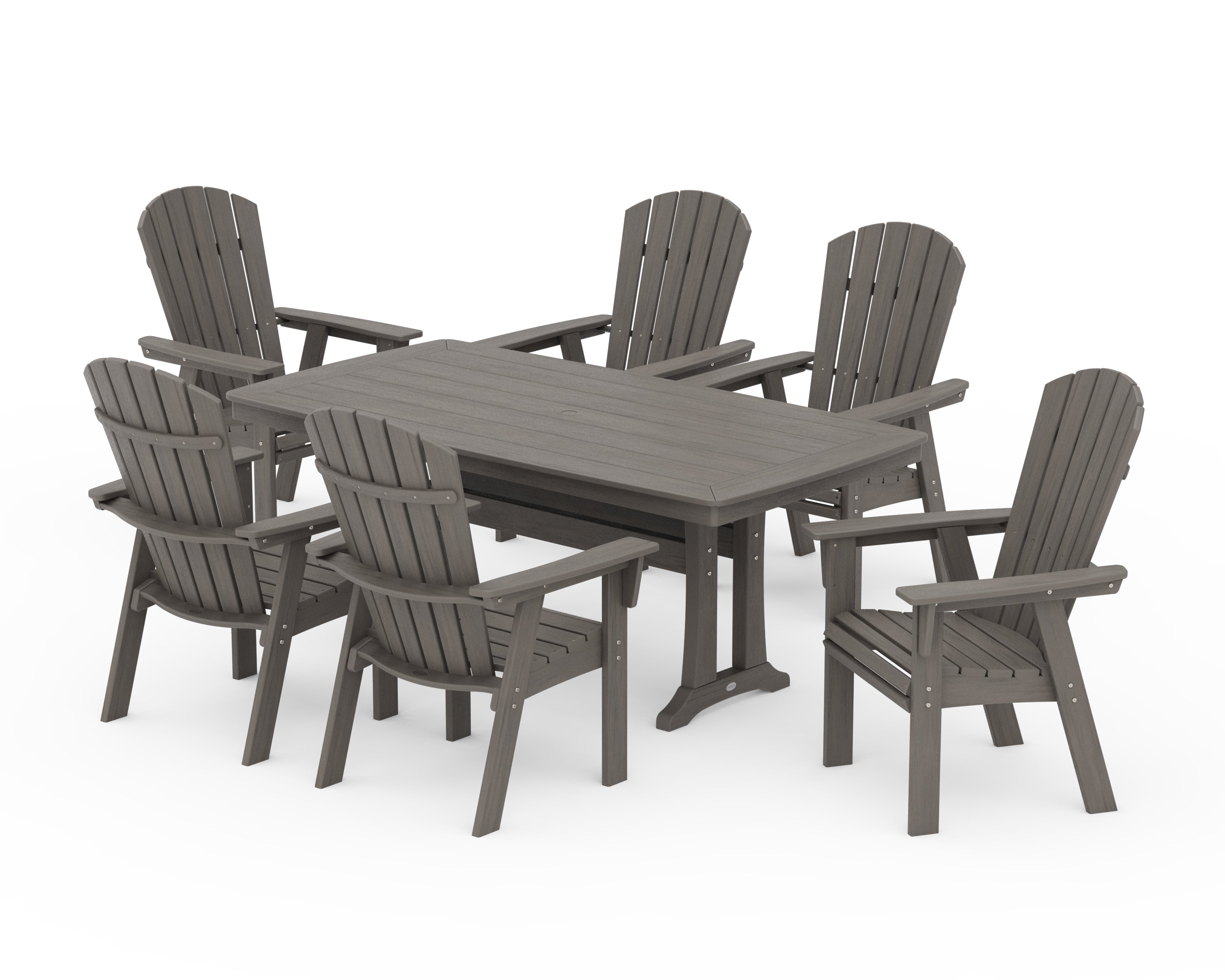 POLYWOOD Nautical Curveback Adirondack 7-Piece Dining Set with Trestle Legs in Driftwood