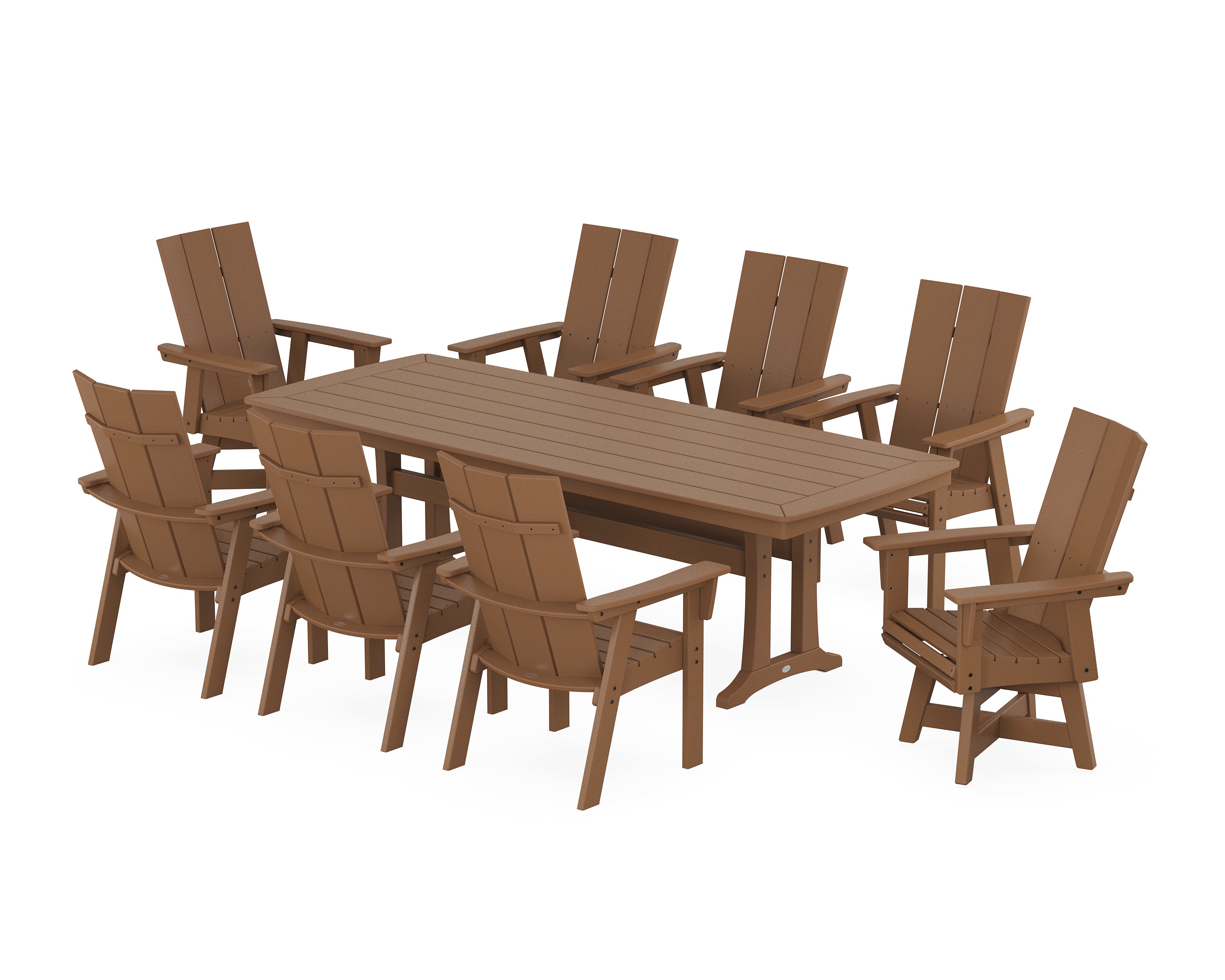 POLYWOOD® Modern Curveback Adirondack Swivel 9-Piece Dining Set with Trestle Legs in Teak