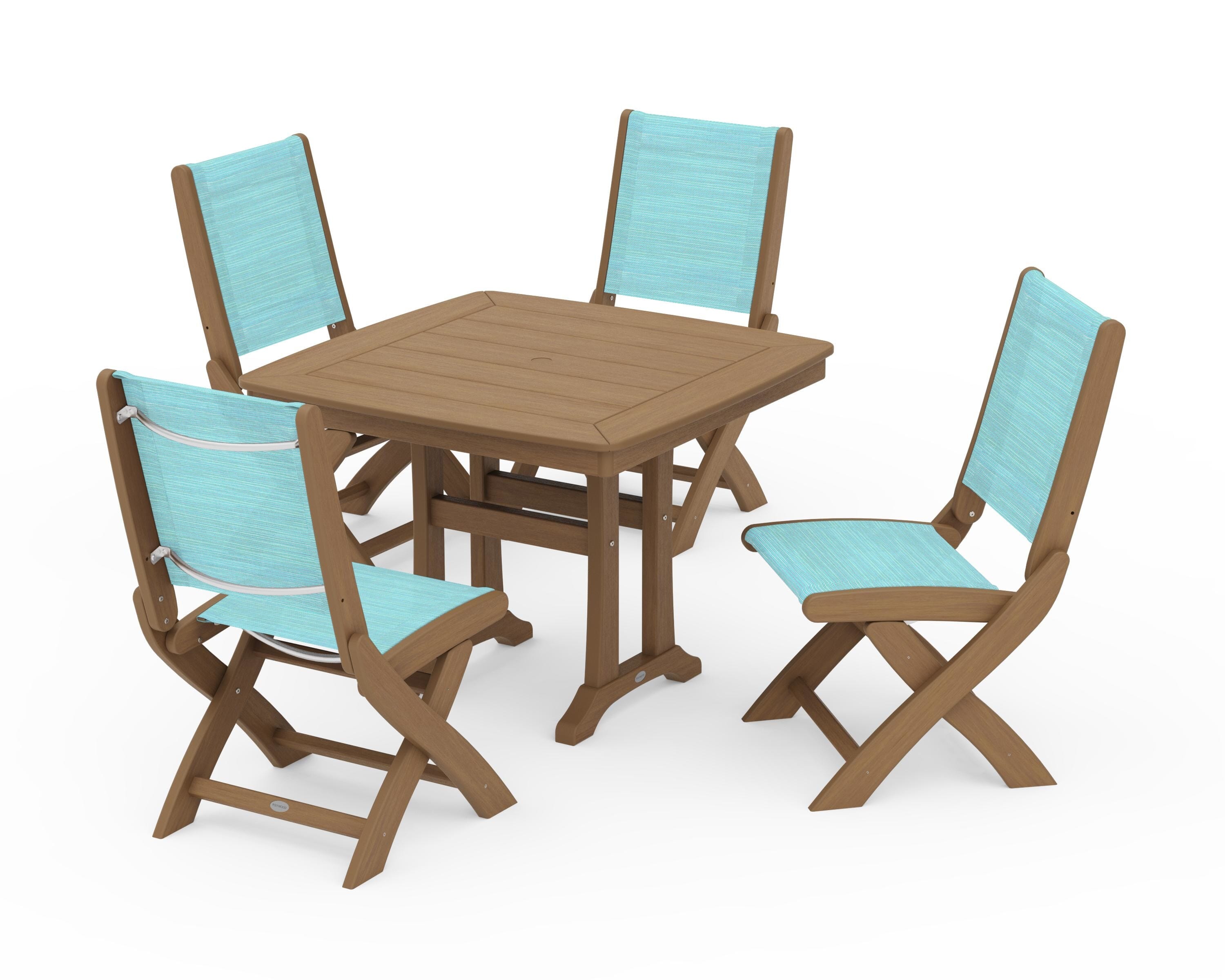 POLYWOOD Coastal Folding Side Chair 5-Piece Dining Set with Trestle Legs in Natural / Dupioni Aquamarine Sling