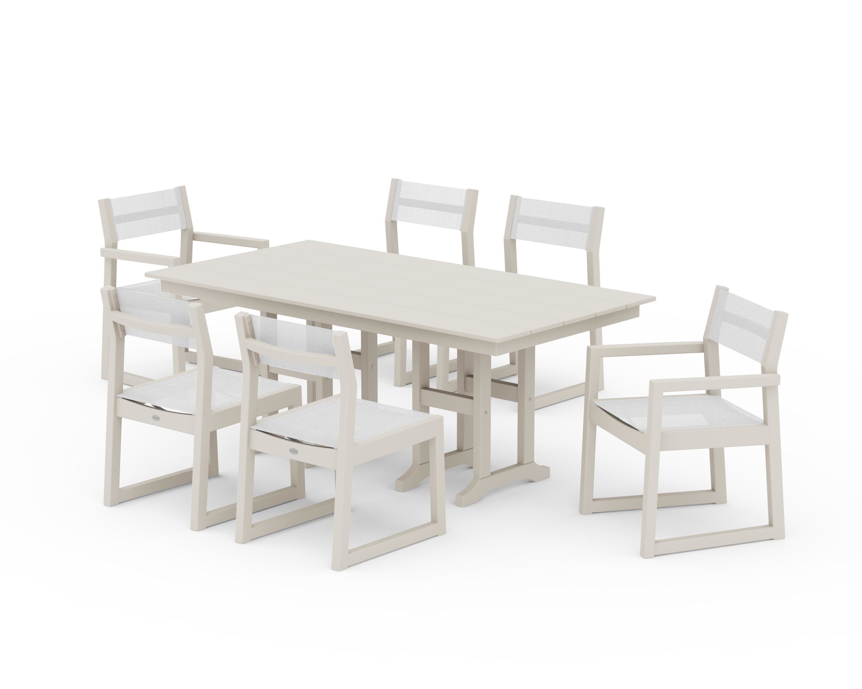 POLYWOOD EDGE Sling 7-Piece Farmhouse Dining Set in Sand / White Sling