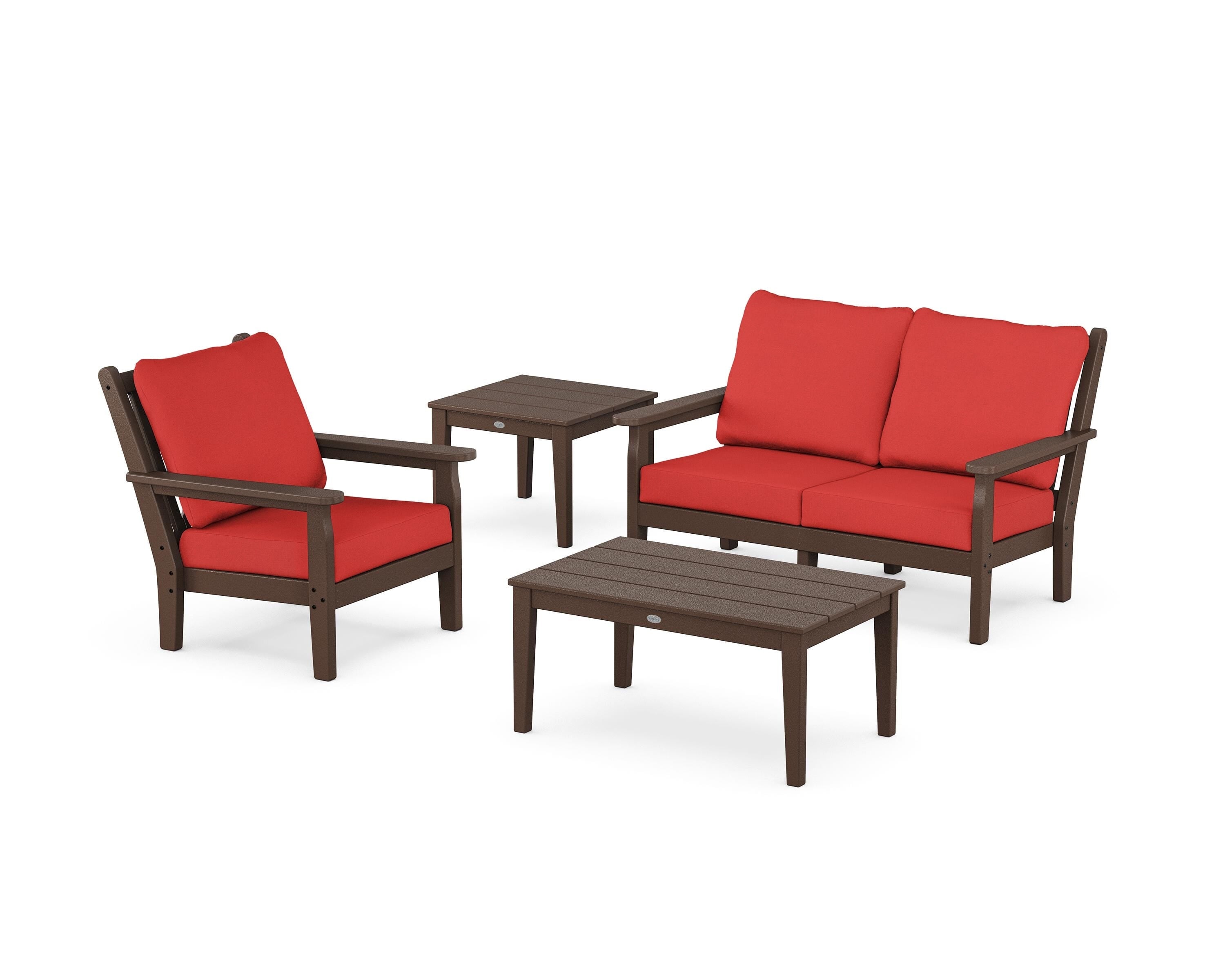 POLYWOOD Chippendale 4-Piece Deep Seating Set in Mahogany / Crimson Linen