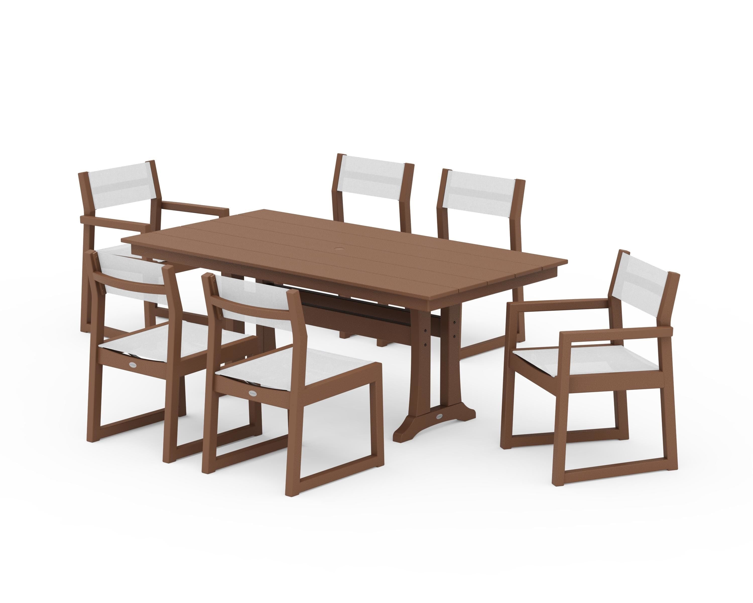 POLYWOOD EDGE Sling 7-Piece Farmhouse Trestle Dining Set in Teak / White Sling