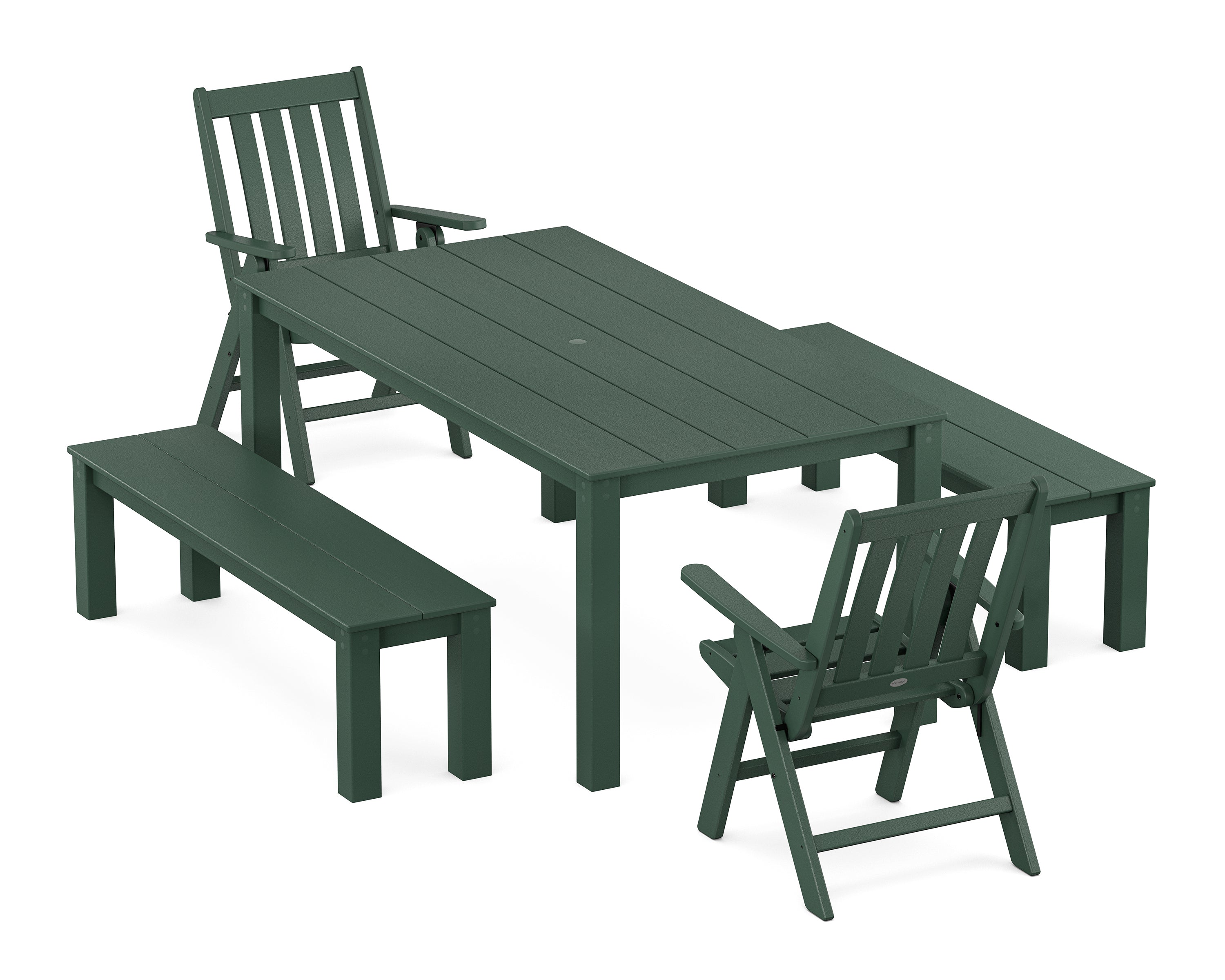 POLYWOOD® Vineyard Folding Chair 5-Piece Parsons Dining Set with Benches in Green