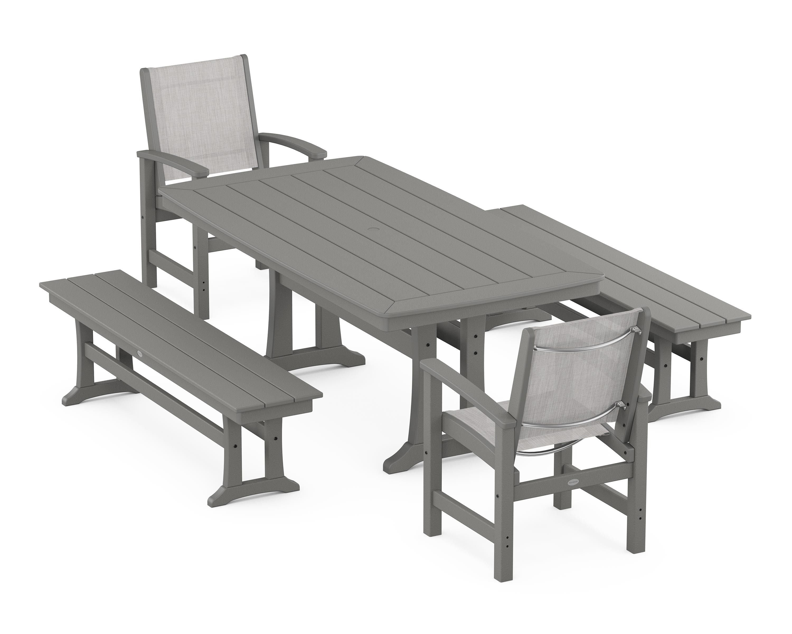 POLYWOOD Coastal 5-Piece Dining Set with Trestle Legs and Benches in Slate Grey / Parchment Sling