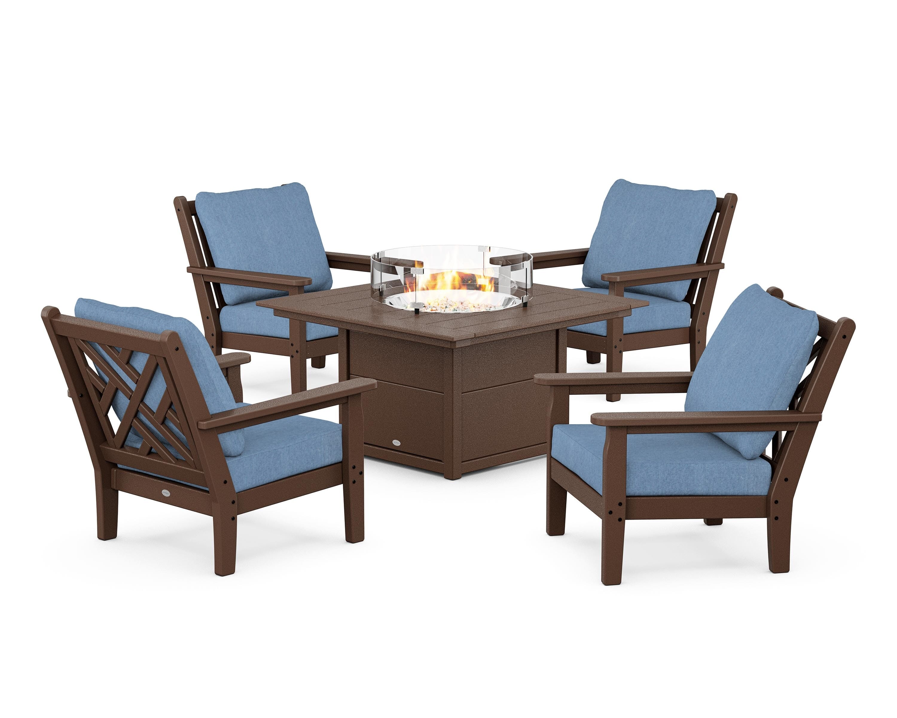 POLYWOOD Chippendale 5-Piece Deep Seating Set with Fire Pit Table in Mahogany / Sky Blue