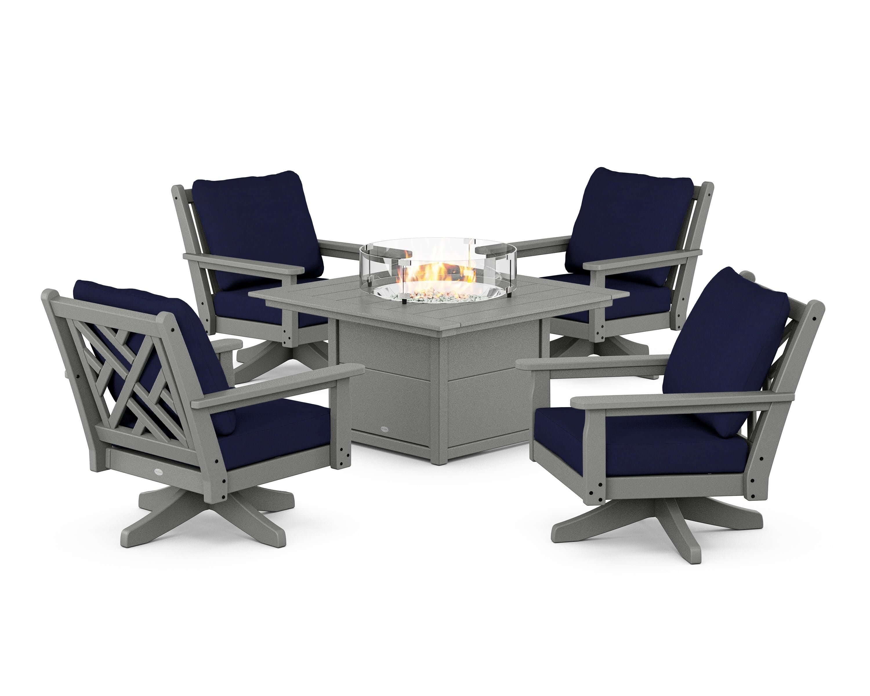 POLYWOOD Chippendale 5-Piece Deep Seating Swivel Conversation Set with Fire Pit Table in Slate Grey / Navy