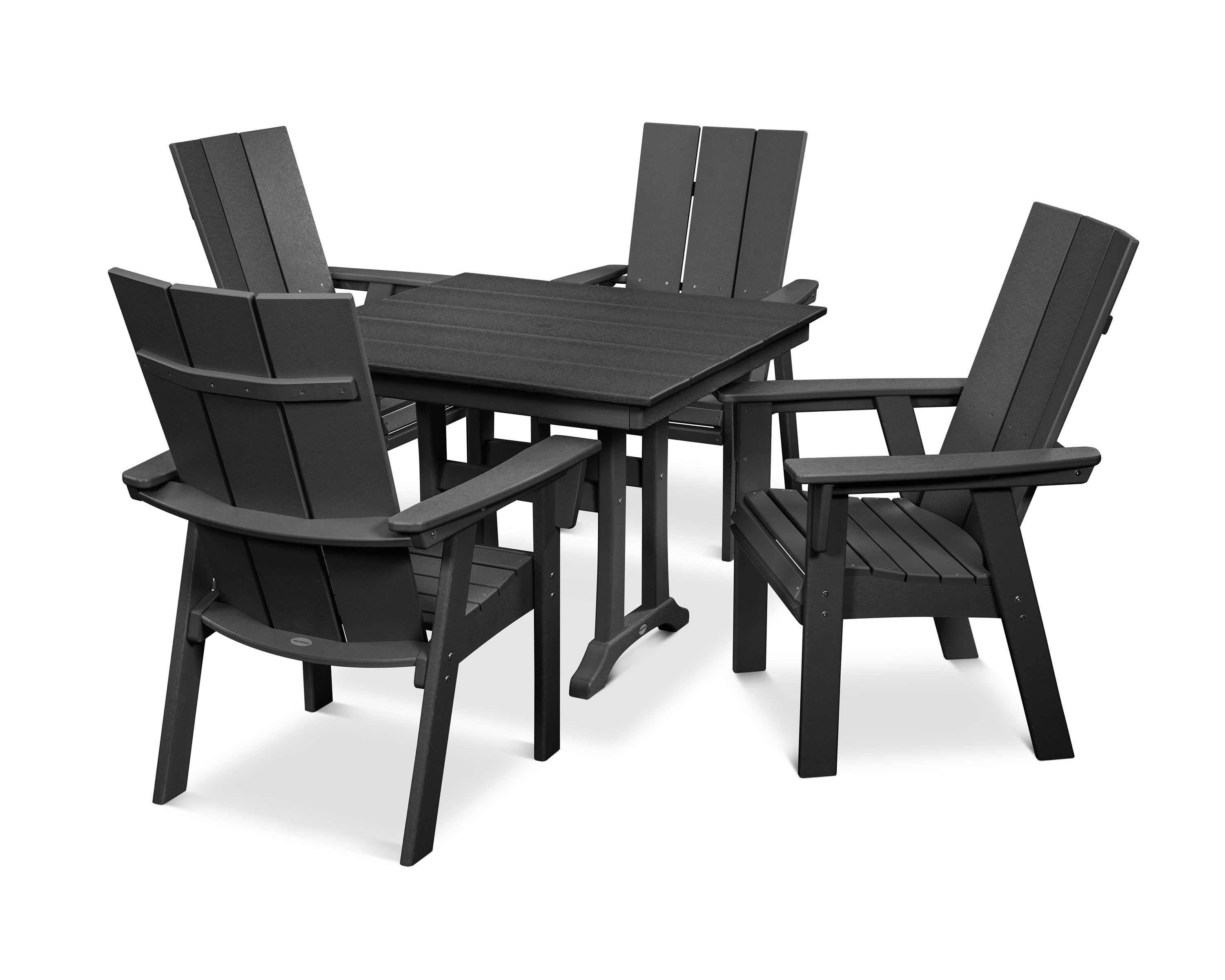 POLYWOOD® Modern Curveback Adirondack 5-Piece Farmhouse Trestle Dining Set in Black