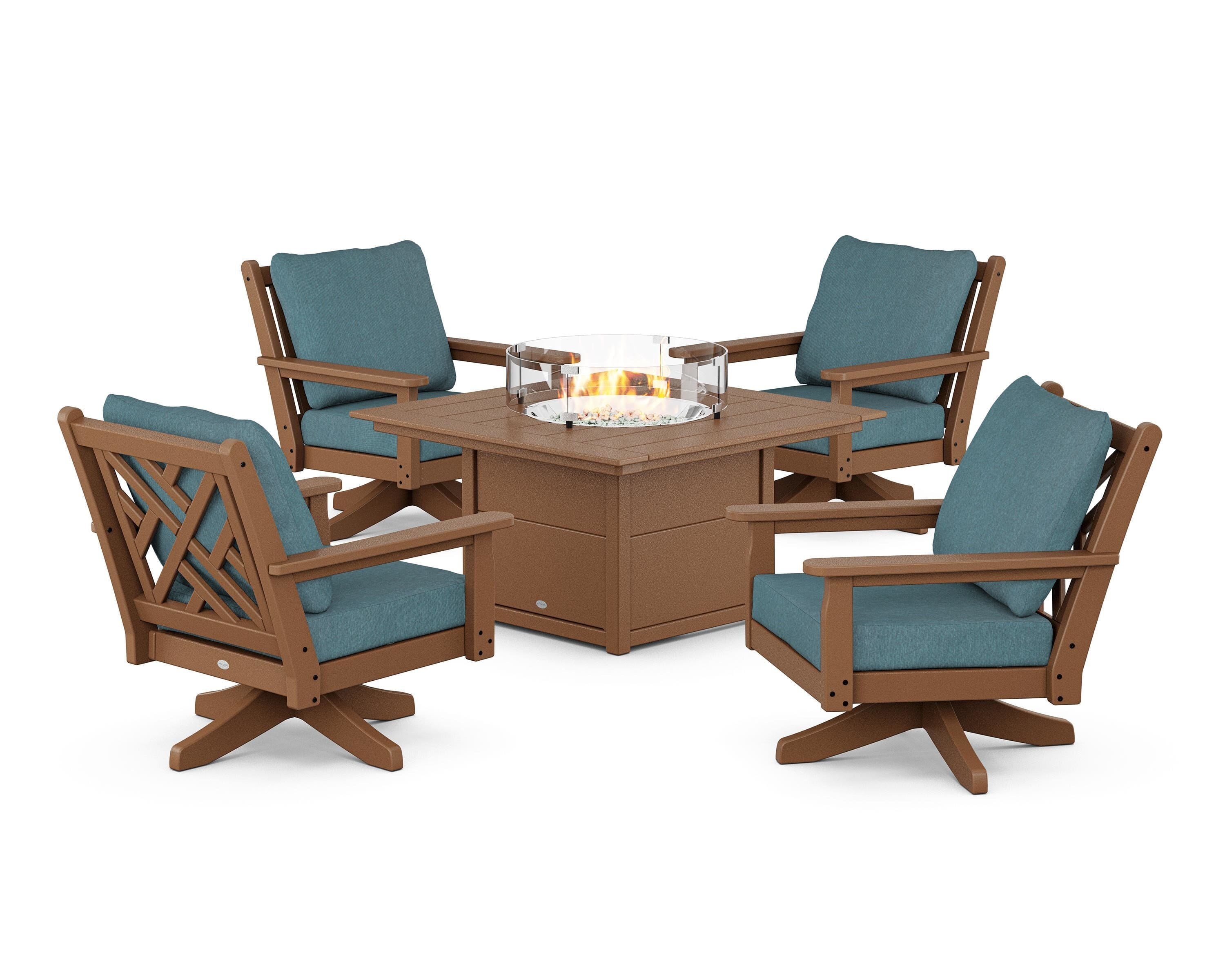 POLYWOOD Chippendale 5-Piece Deep Seating Swivel Conversation Set with Fire Pit Table in Teak / Ocean Teal