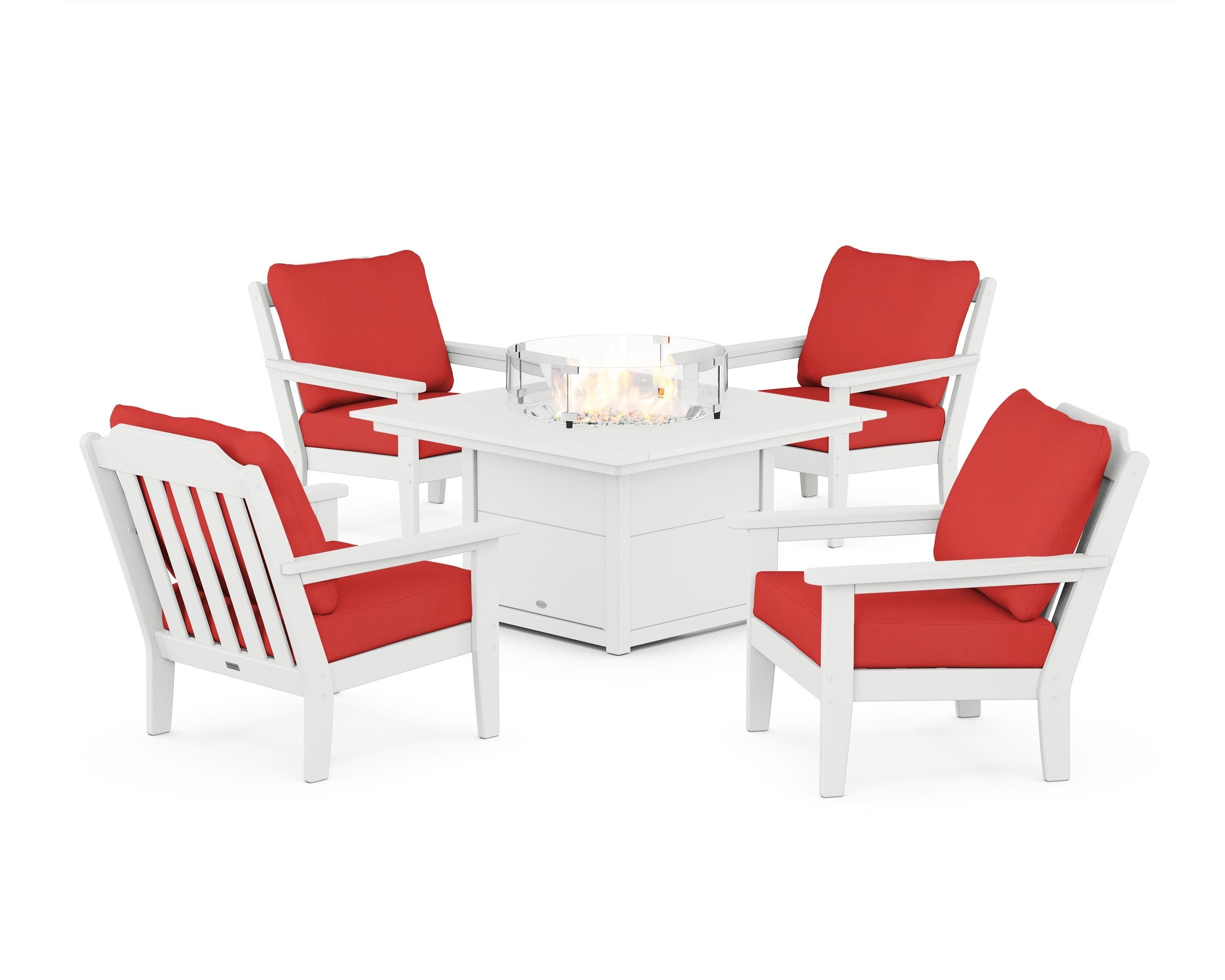 Country Living Cottage 5-Piece Deep Seating Set with Fire Pit Table in White / Crimson Linen