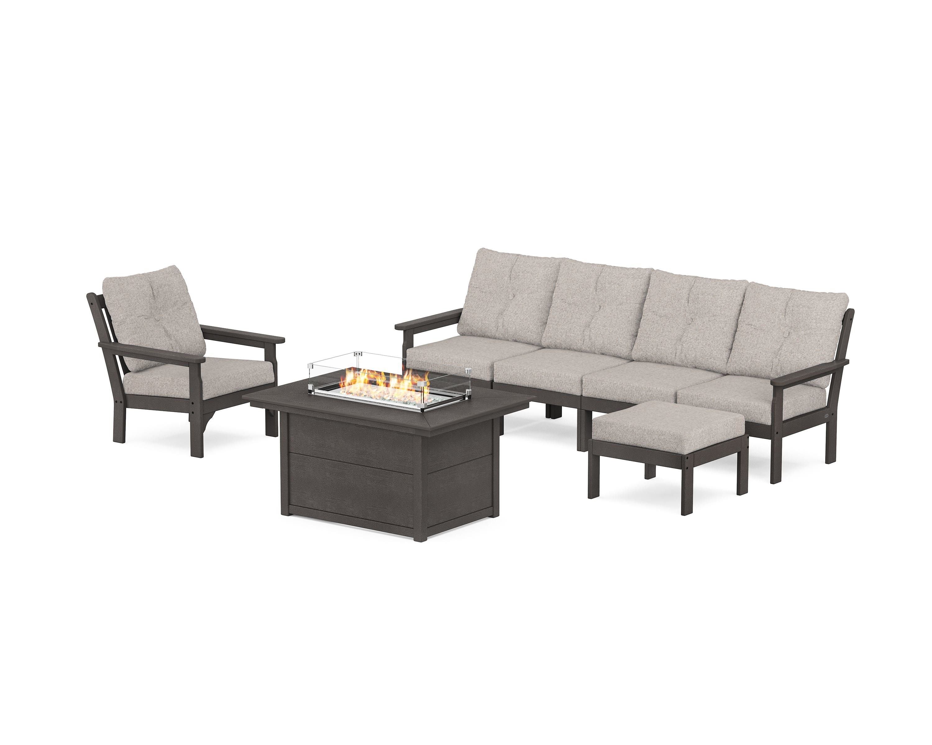 POLYWOOD Vineyard Sectional Lounge and Fire Pit Set in Vintage Coffee / Weathered Tweed