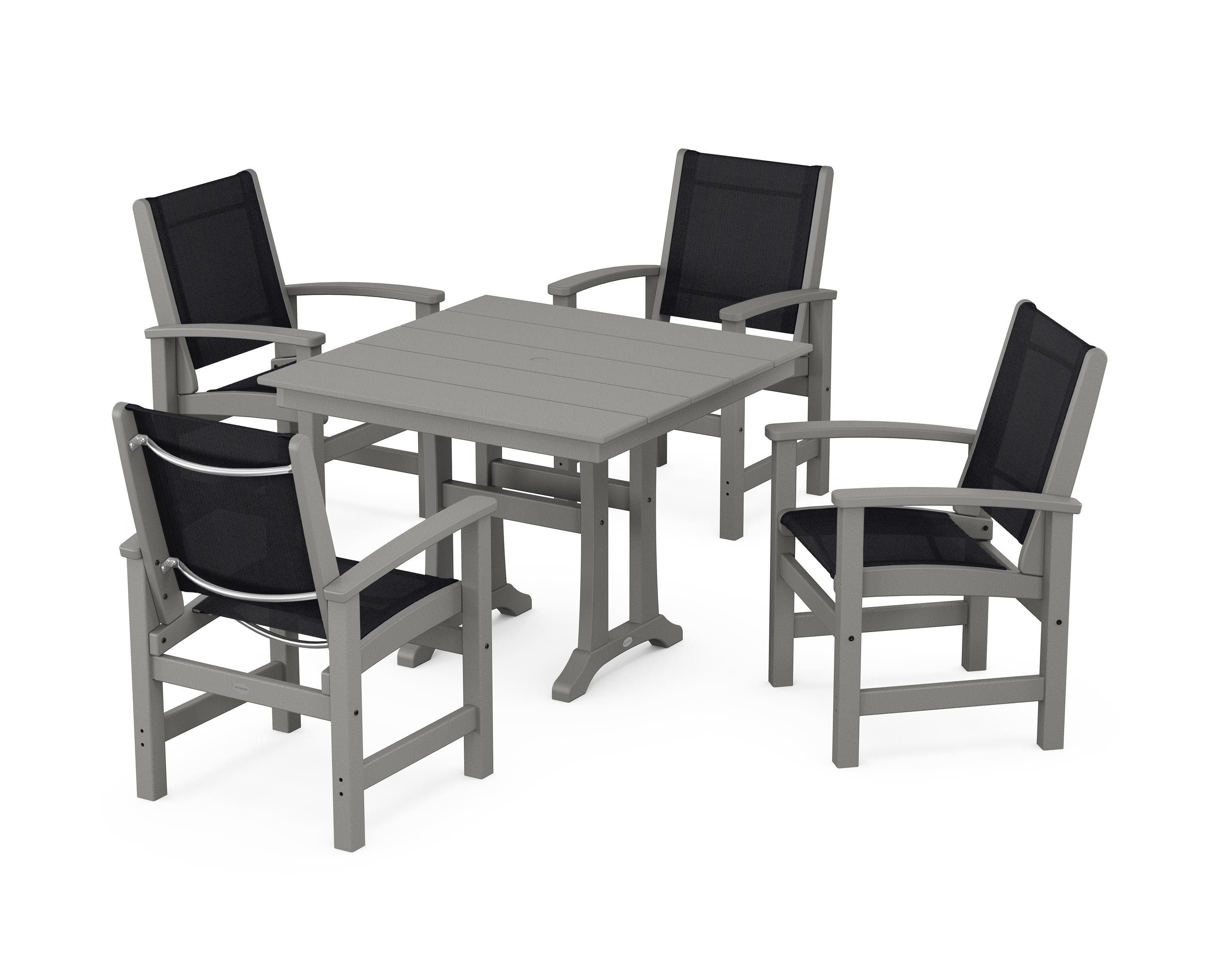 POLYWOOD Coastal 5-Piece Farmhouse Dining Set With Trestle Legs in Slate Grey / Black Sling