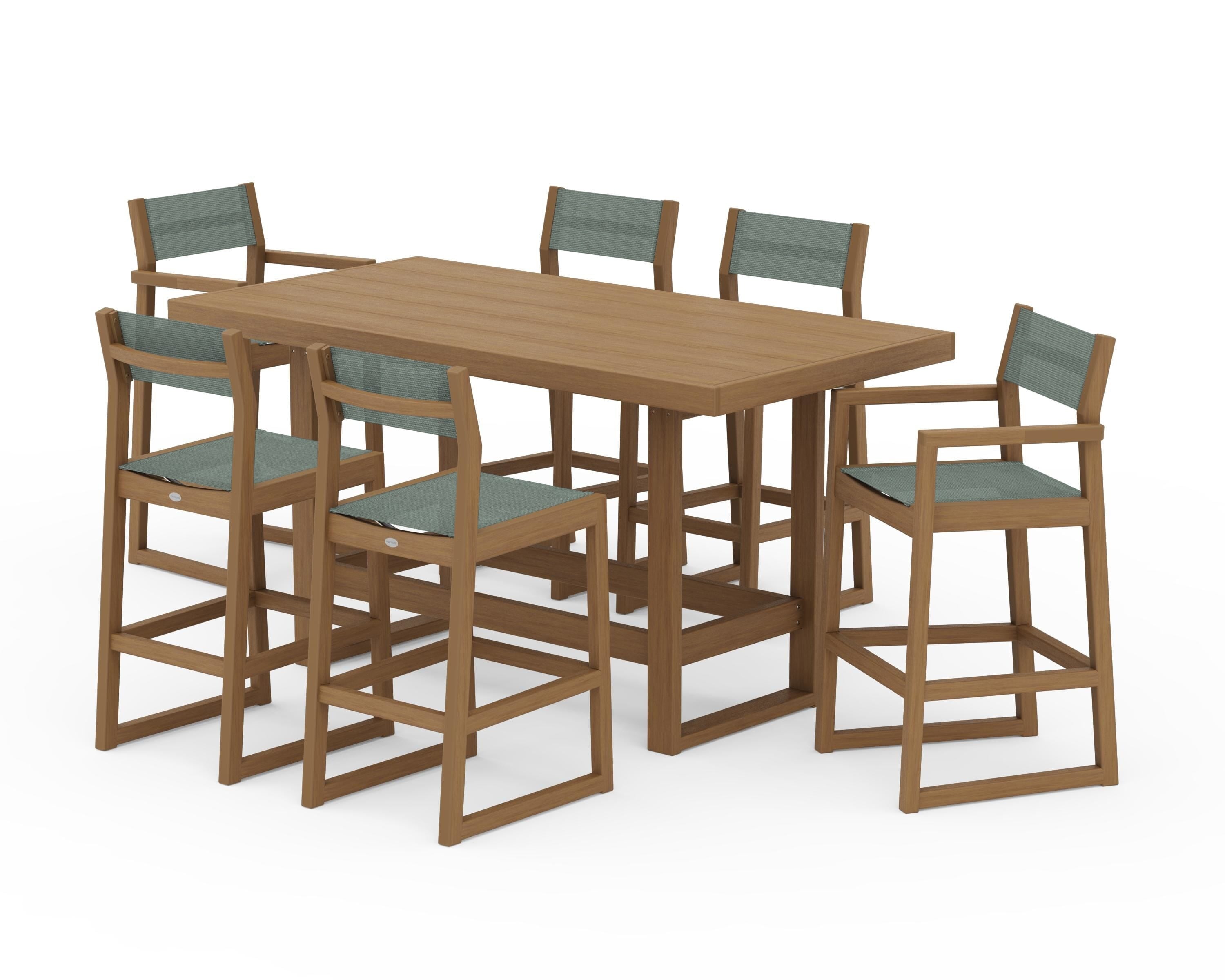 POLYWOOD EDGE Sling 7-Piece Bar Table Set in Natural / Dupioni Sea Mist Sling