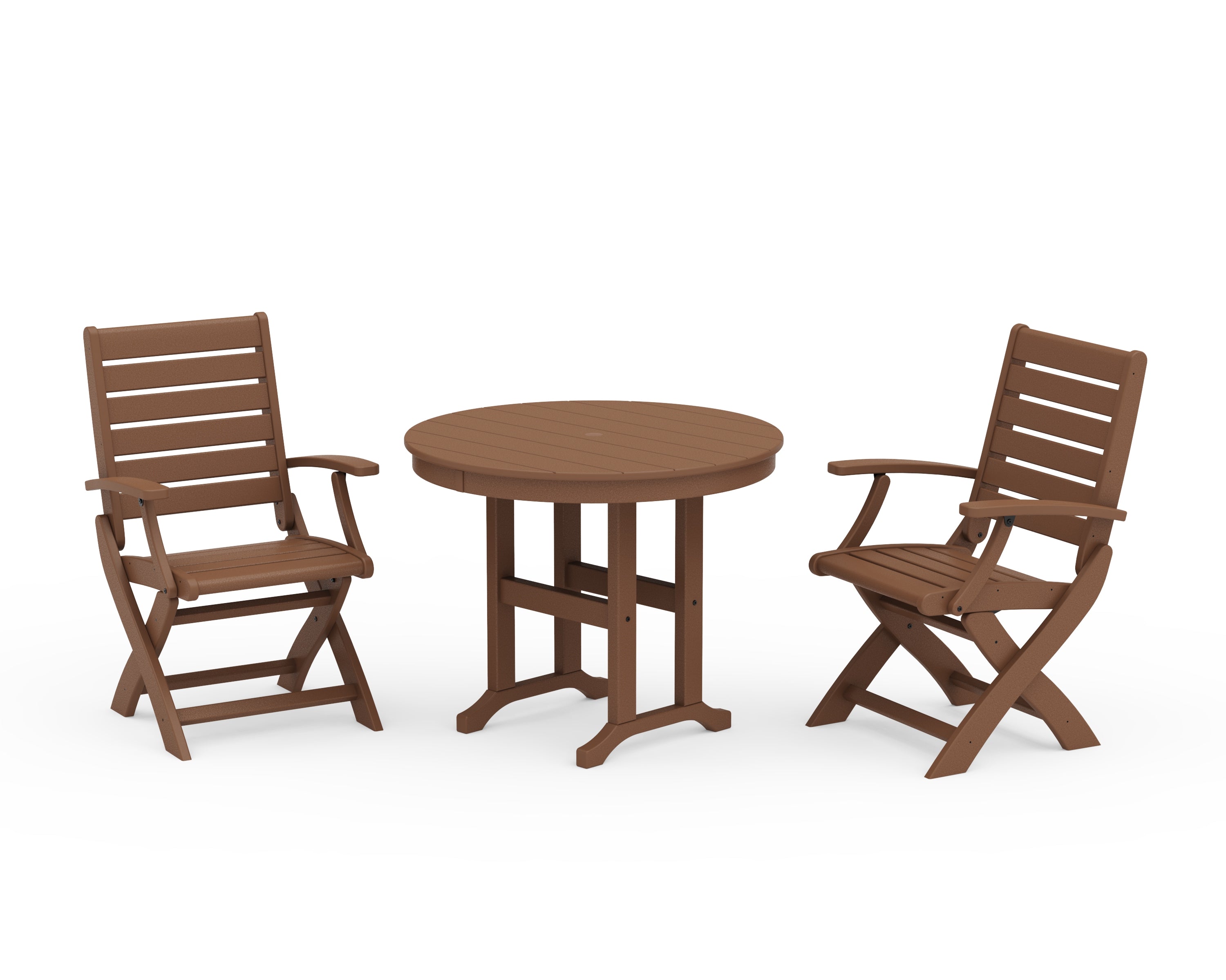 POLYWOOD Signature Folding Chair 3-Piece Round Farmhouse Dining Set in Teak