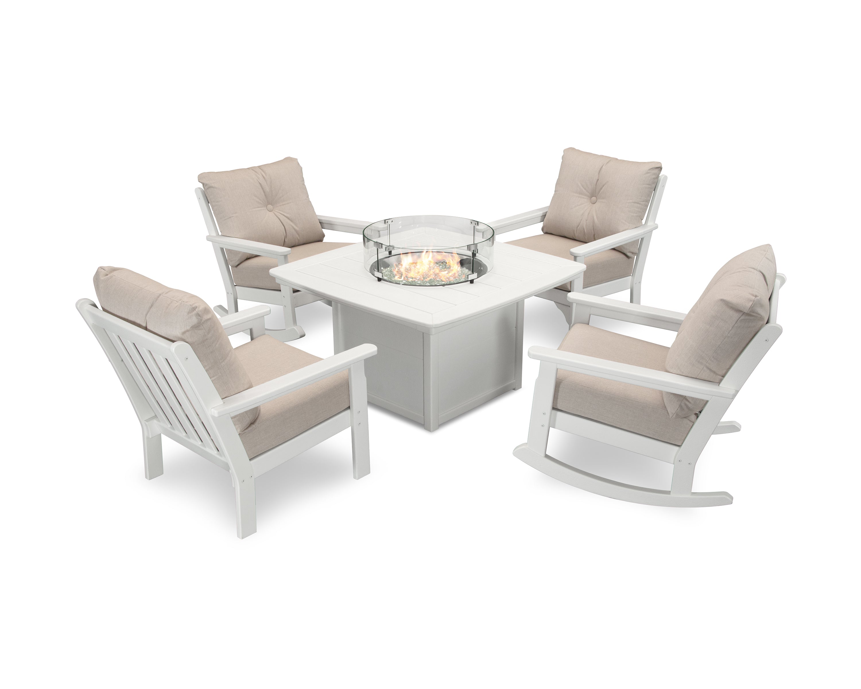 POLYWOOD Vineyard 5-Piece Deep Seating Rocking Chair Conversation Set with Fire Pit Table in White / Cast Ash
