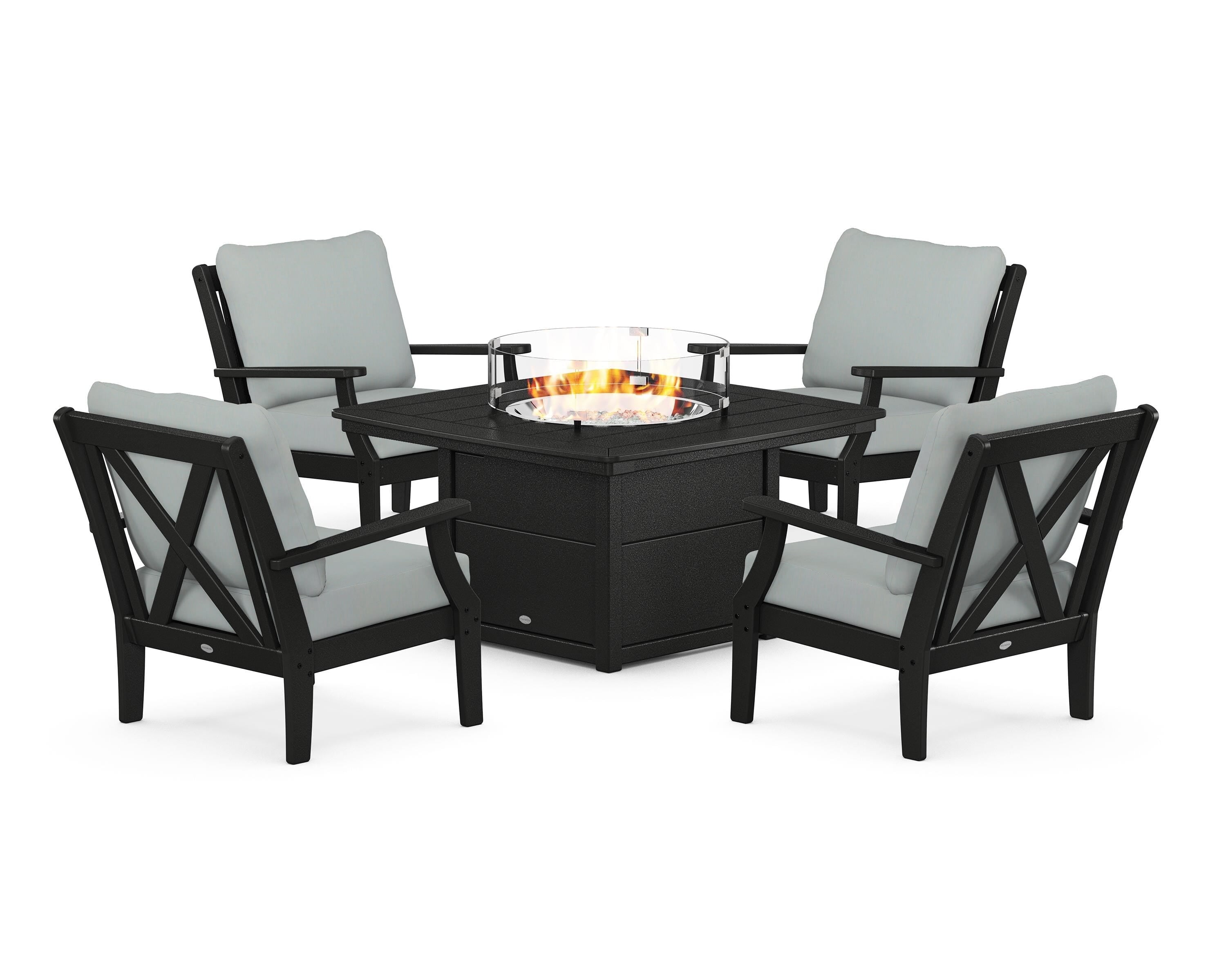 POLYWOOD Braxton 5-Piece Deep Seating Conversation Set with Fire Pit Table in Black / Spa